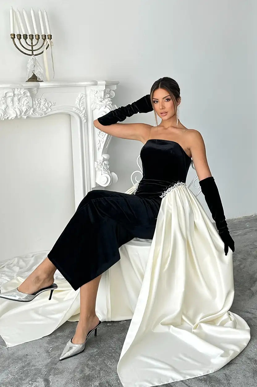Strapless Pearls Details Velvet Dress