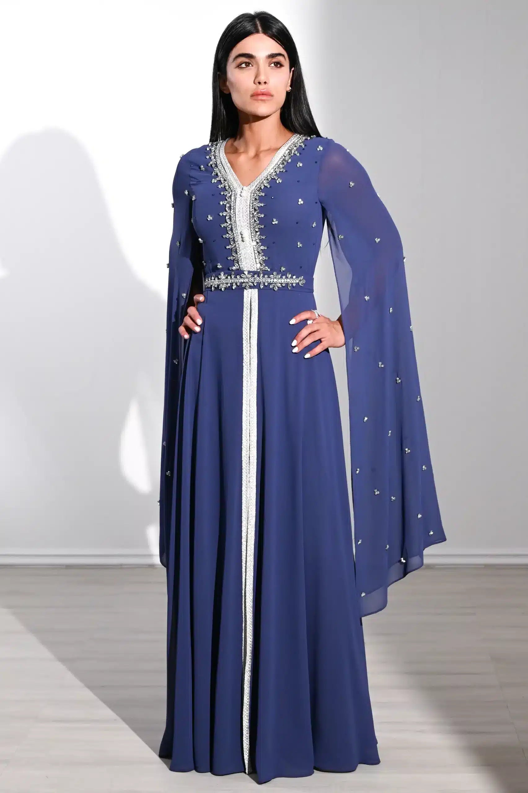 Laced Neck Embellished Chiffon Kaftan