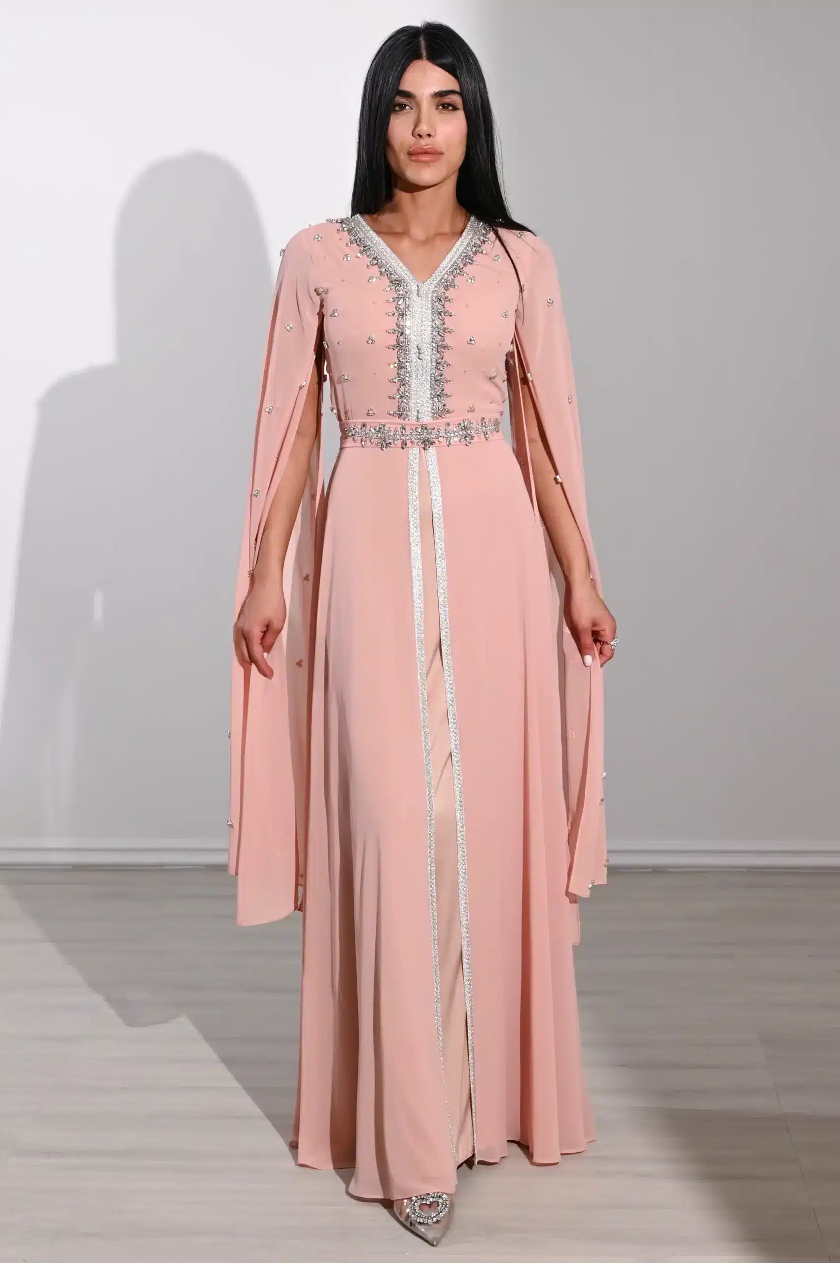 Laced Neck Embellished Chiffon Kaftan