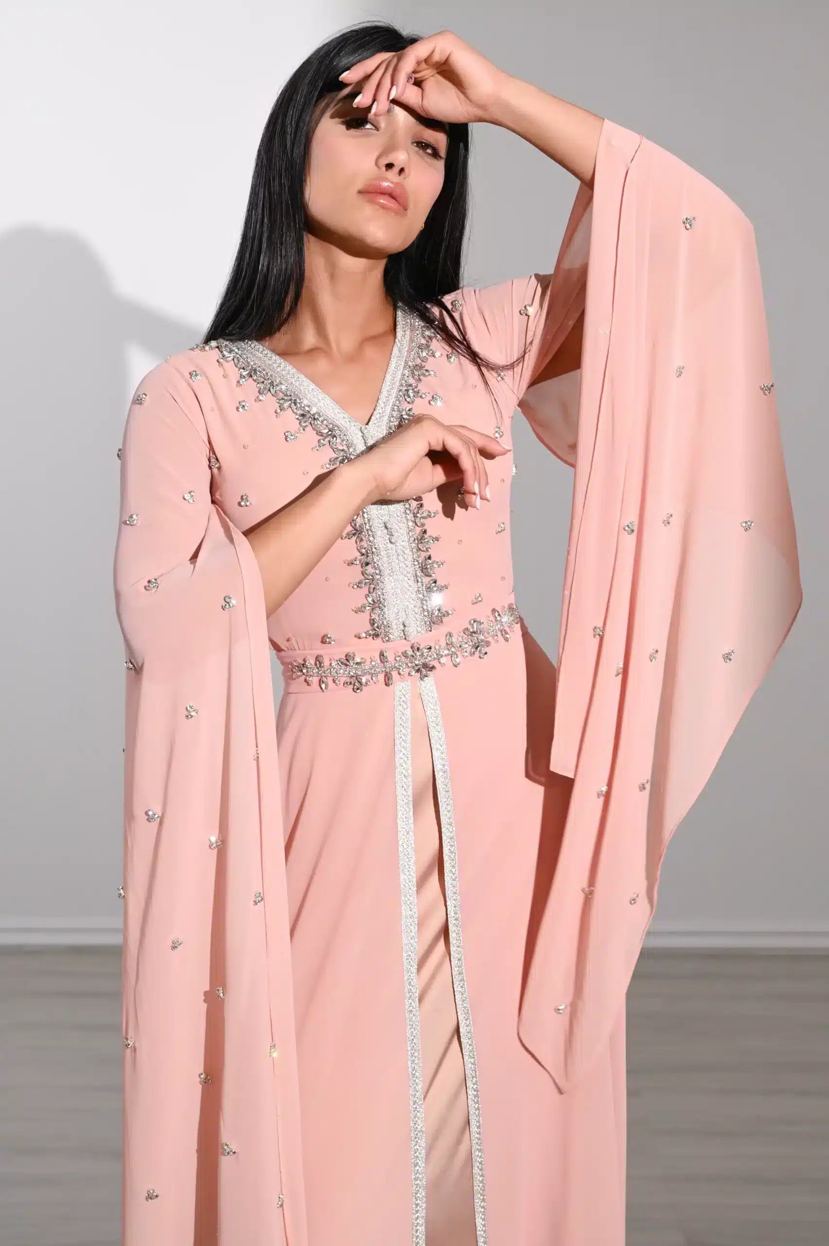 Laced Neck Embellished Chiffon Kaftan