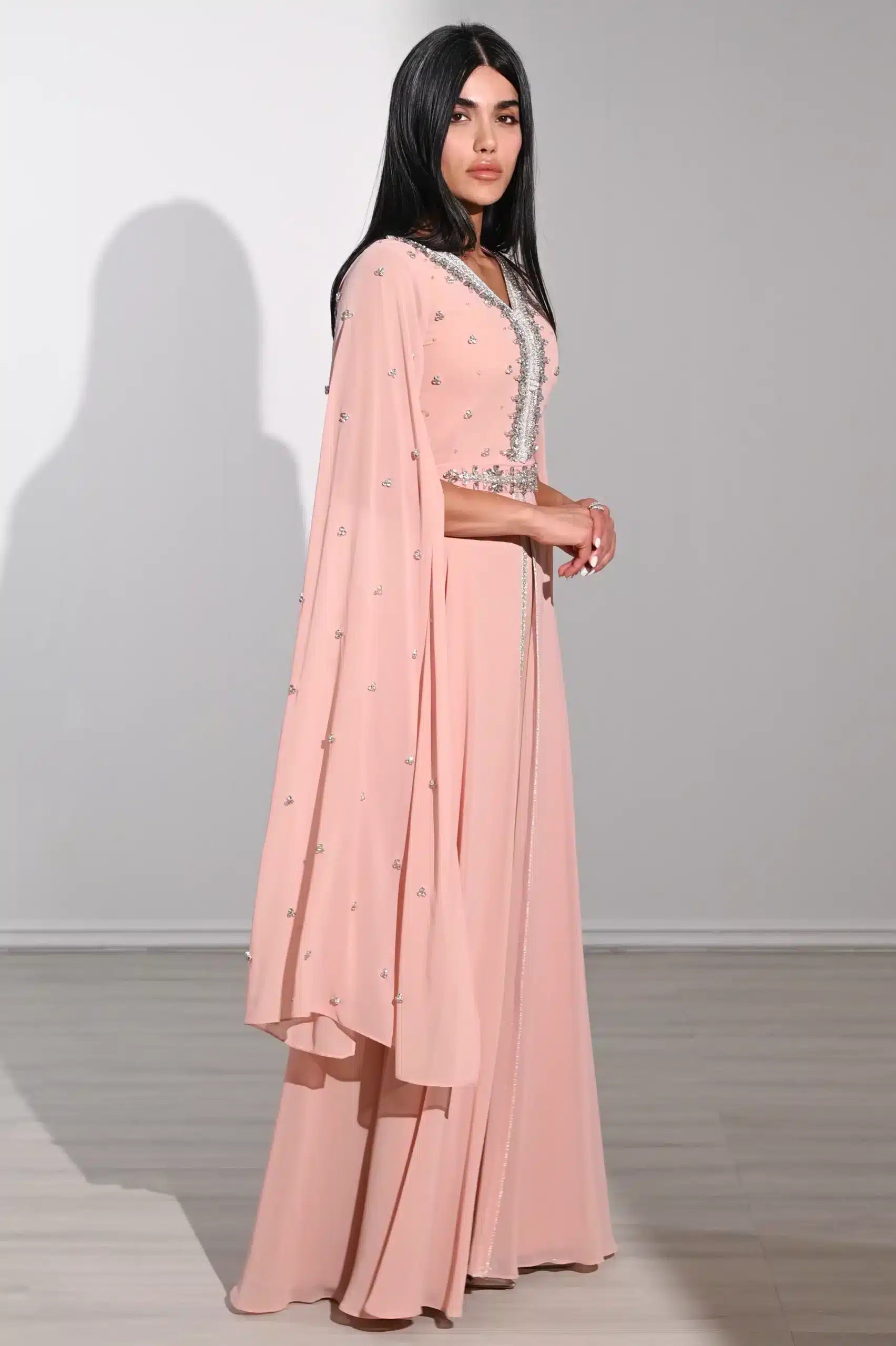 Laced Neck Embellished Chiffon Kaftan