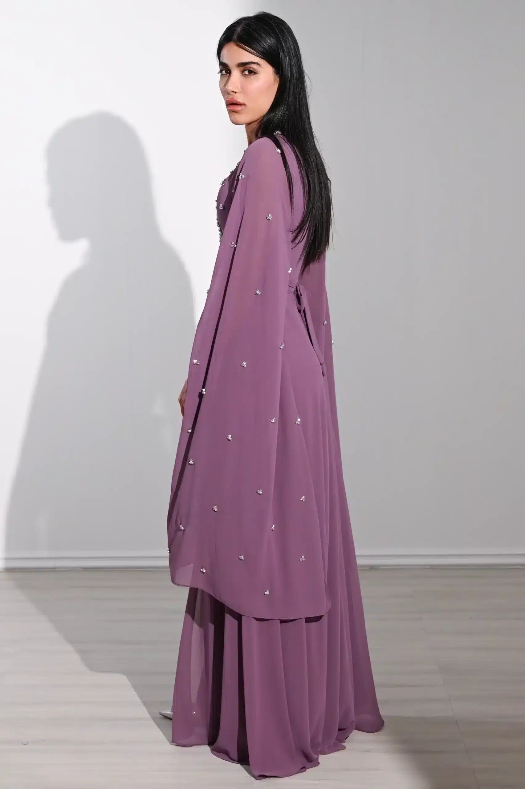 Laced Neck Embellished Chiffon Kaftan