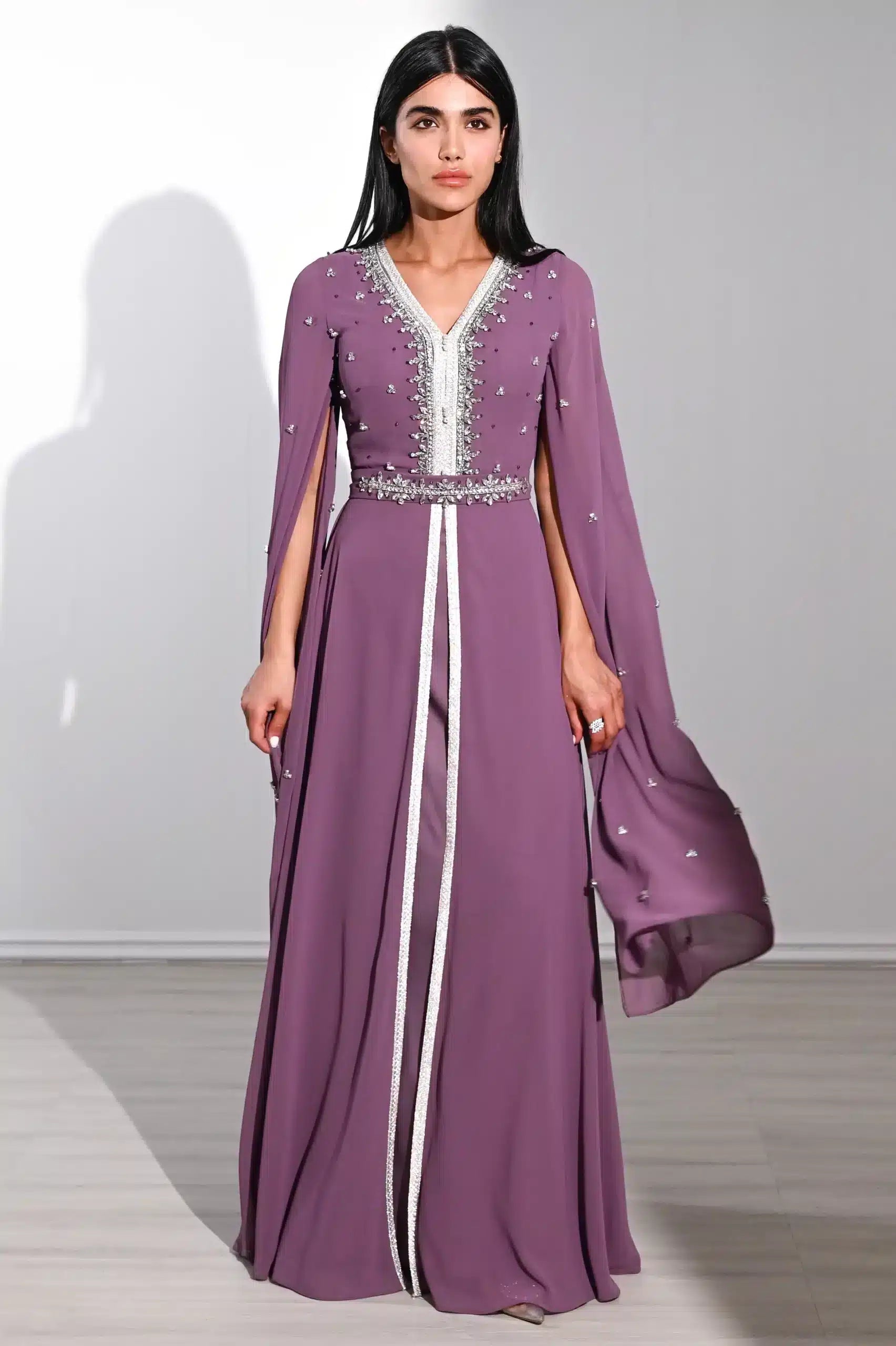 Laced Neck Embellished Chiffon Kaftan