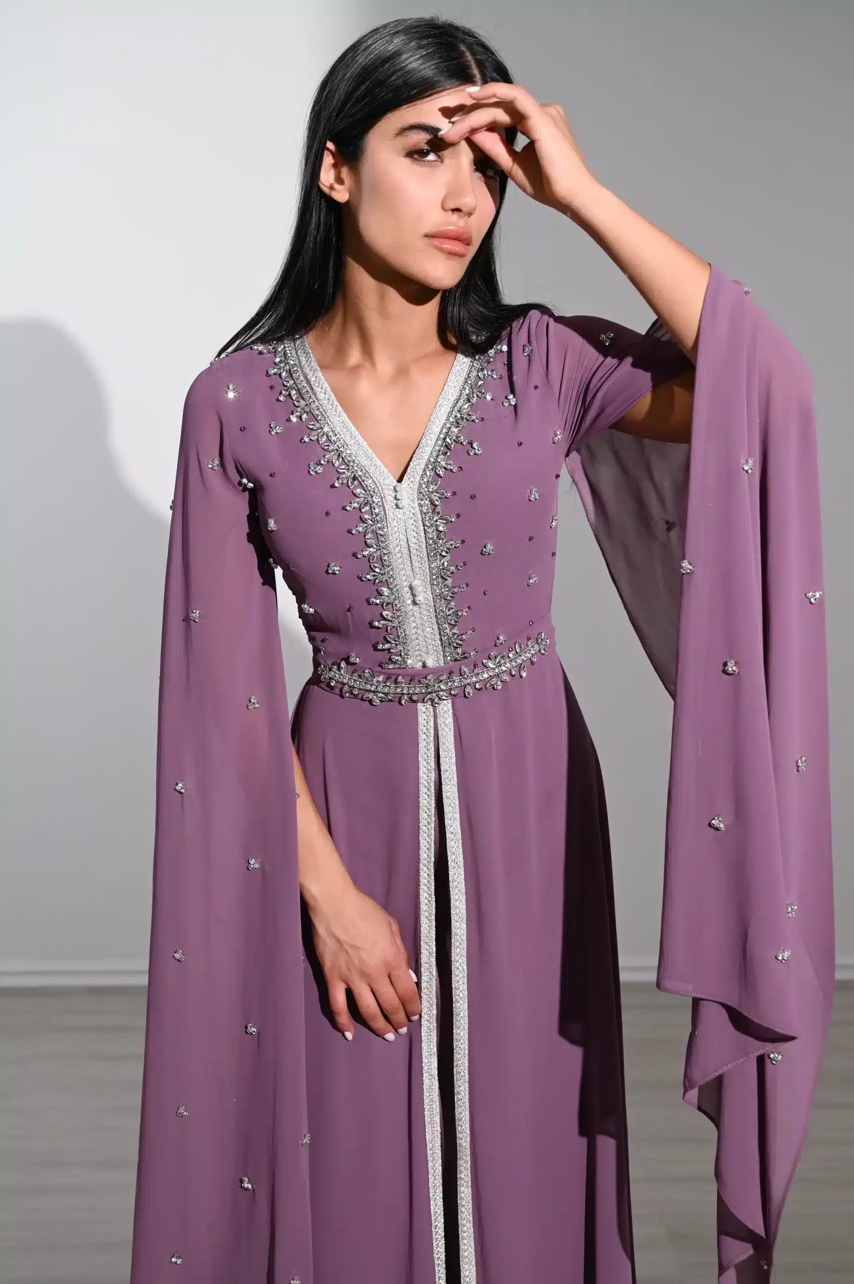 Laced Neck Embellished Chiffon Kaftan