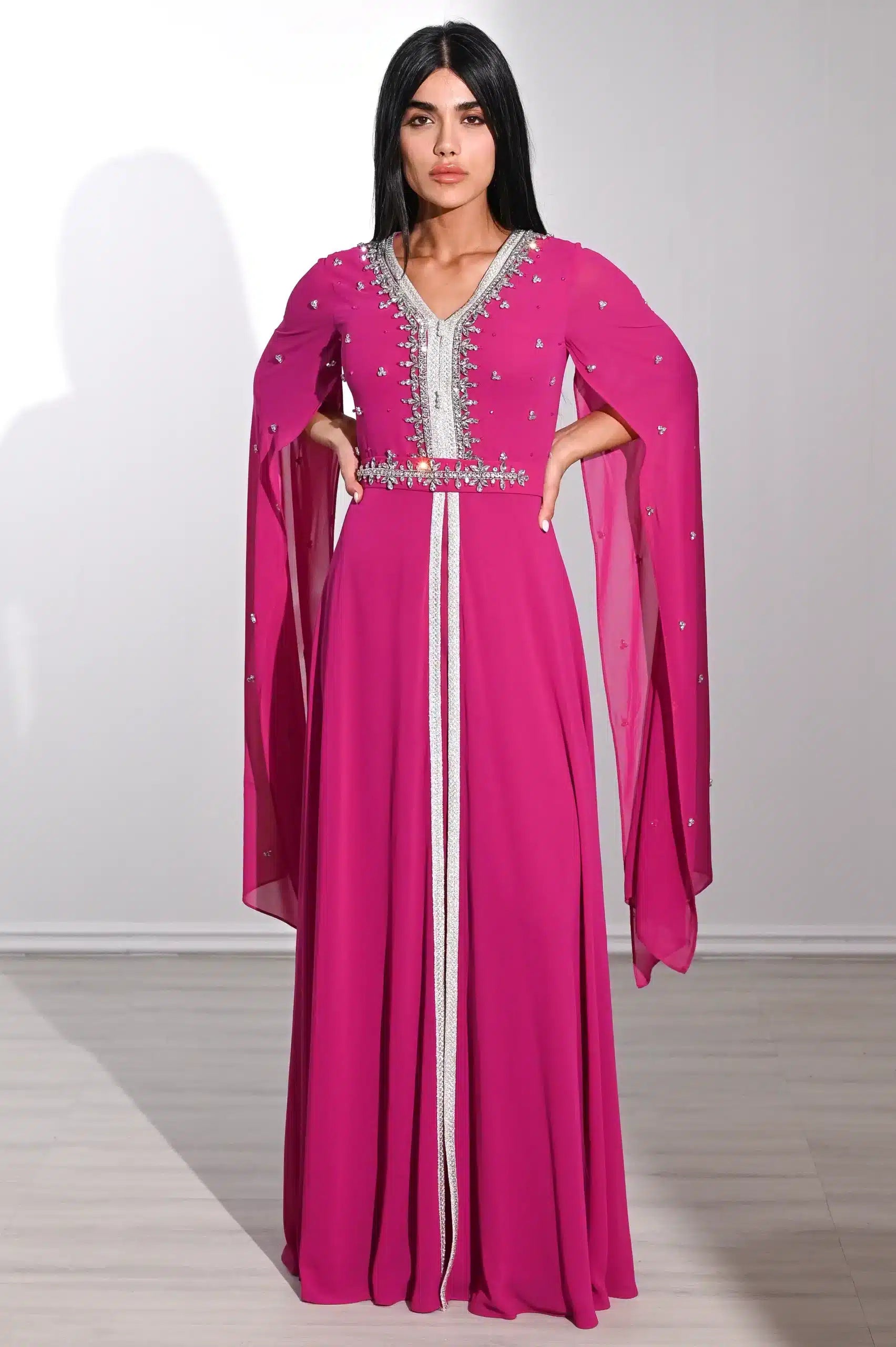 Laced Neck Embellished Chiffon Kaftan