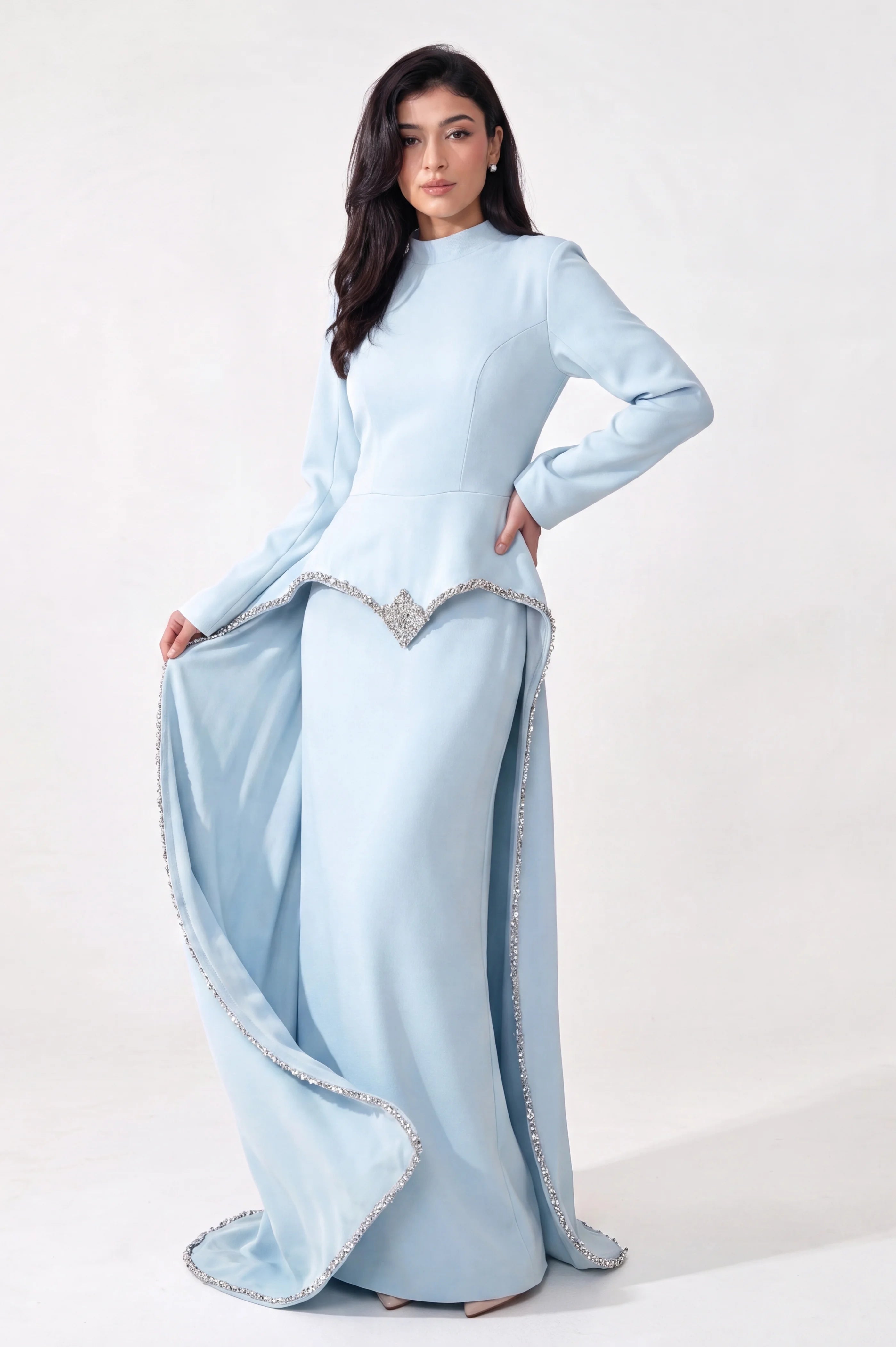 Modest embellished crystal crepe dress