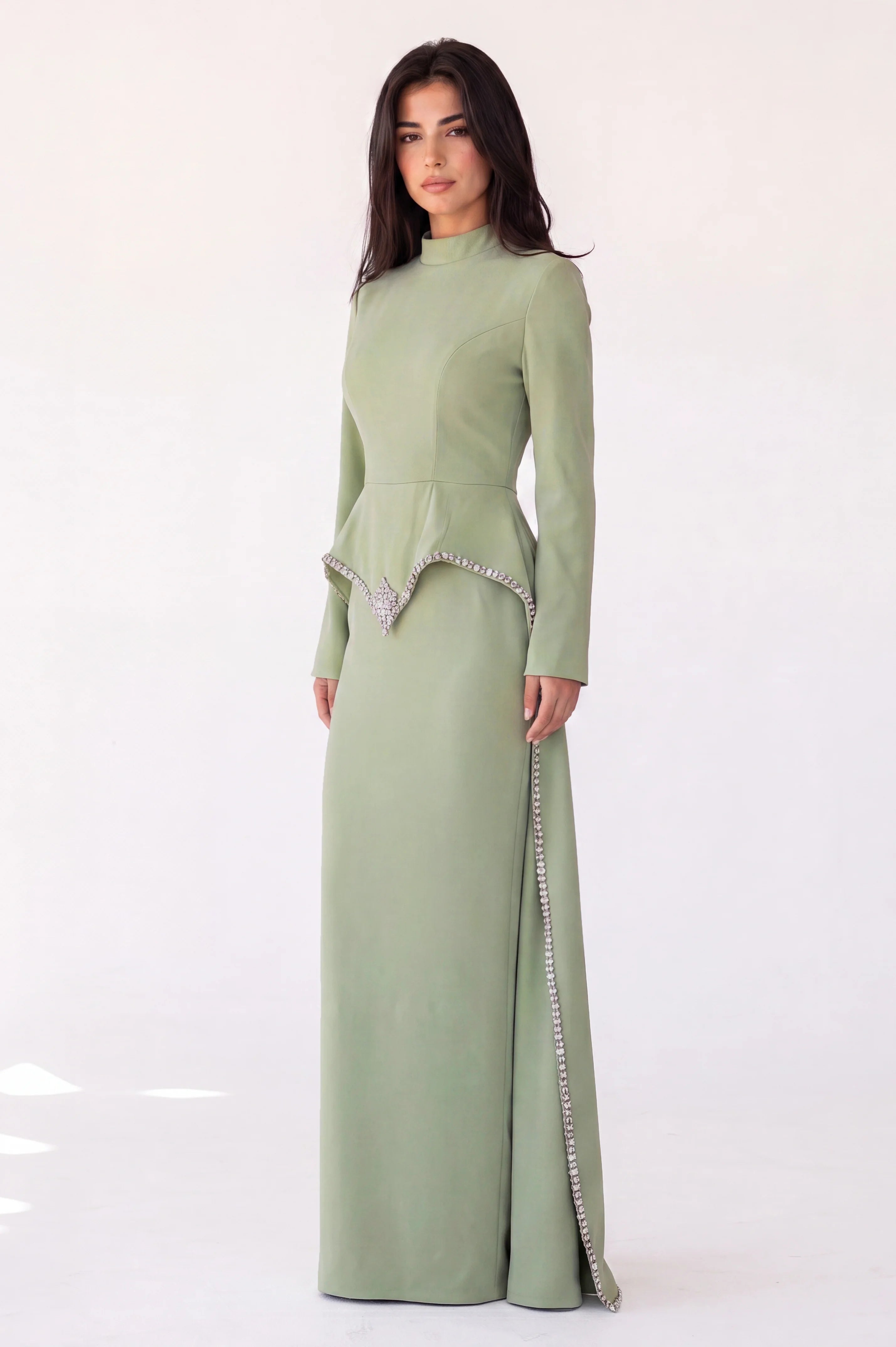 Modest embellished crystal crepe dress