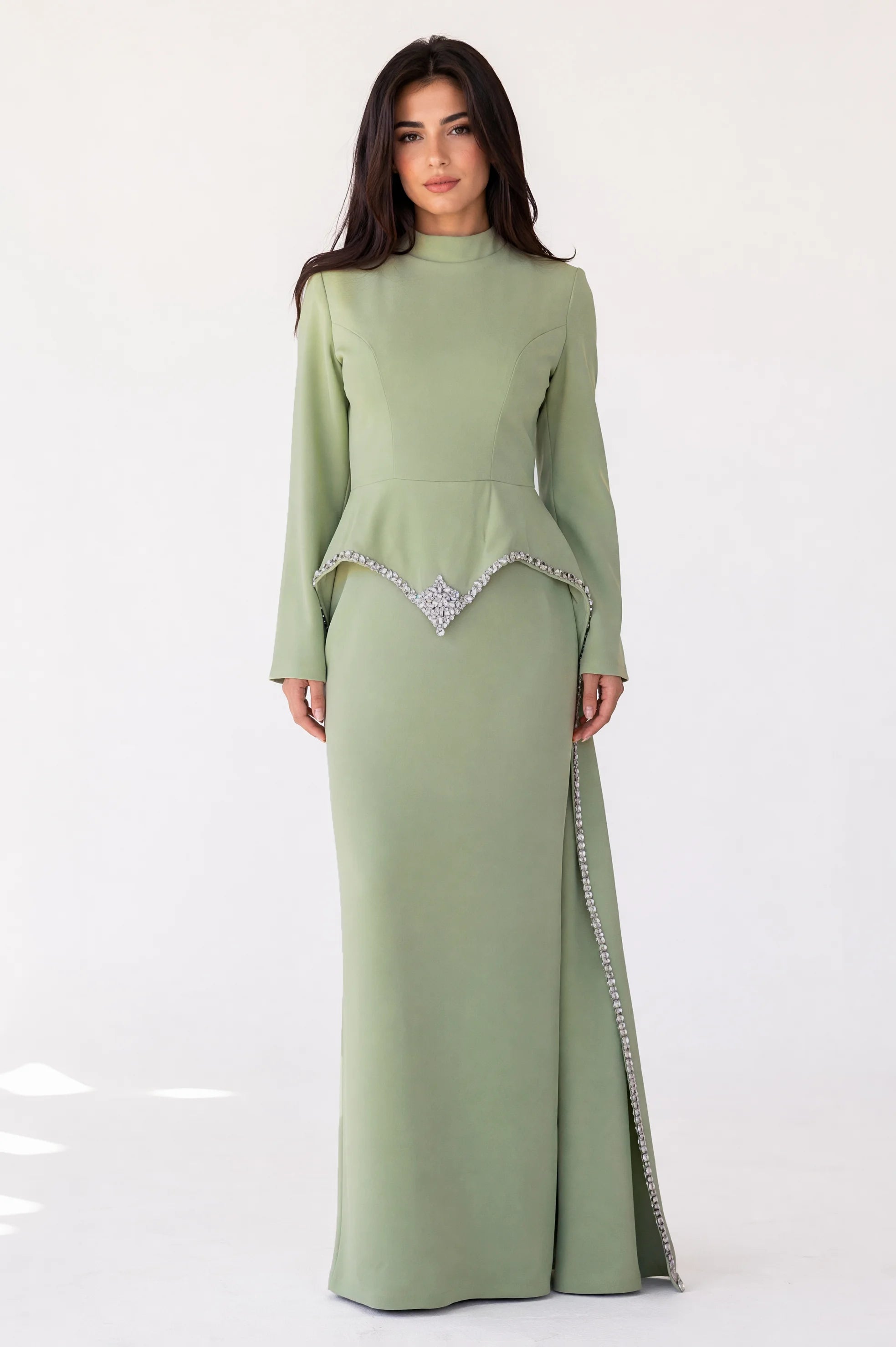 Modest embellished crystal crepe dress