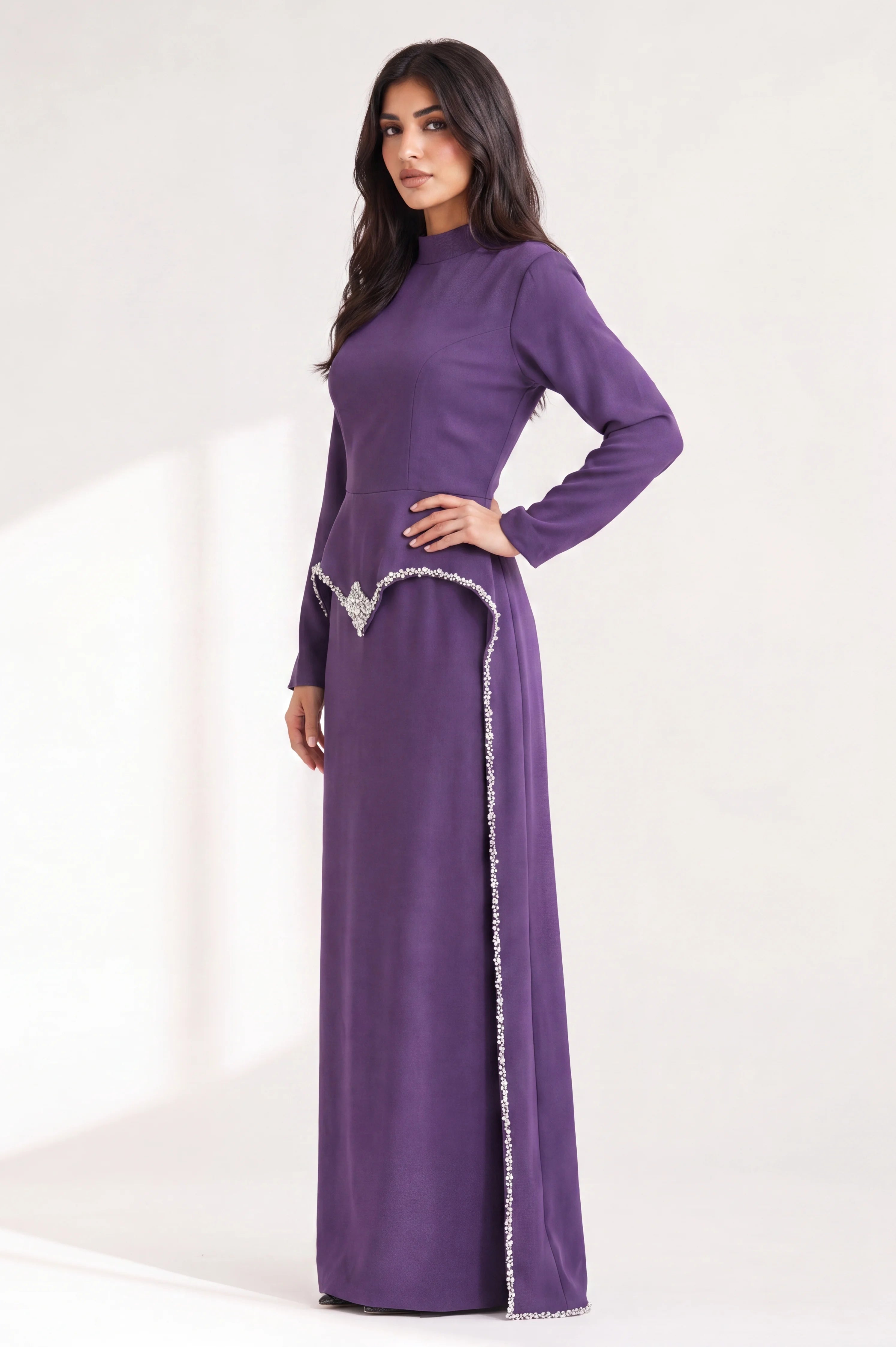 Modest embellished crystal crepe dress
