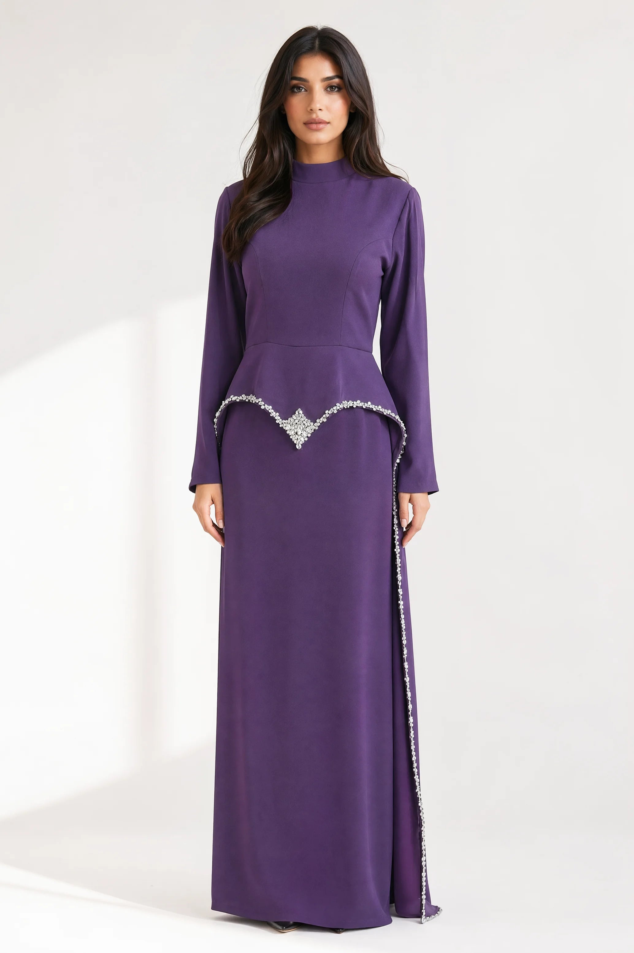 Modest embellished crystal crepe dress