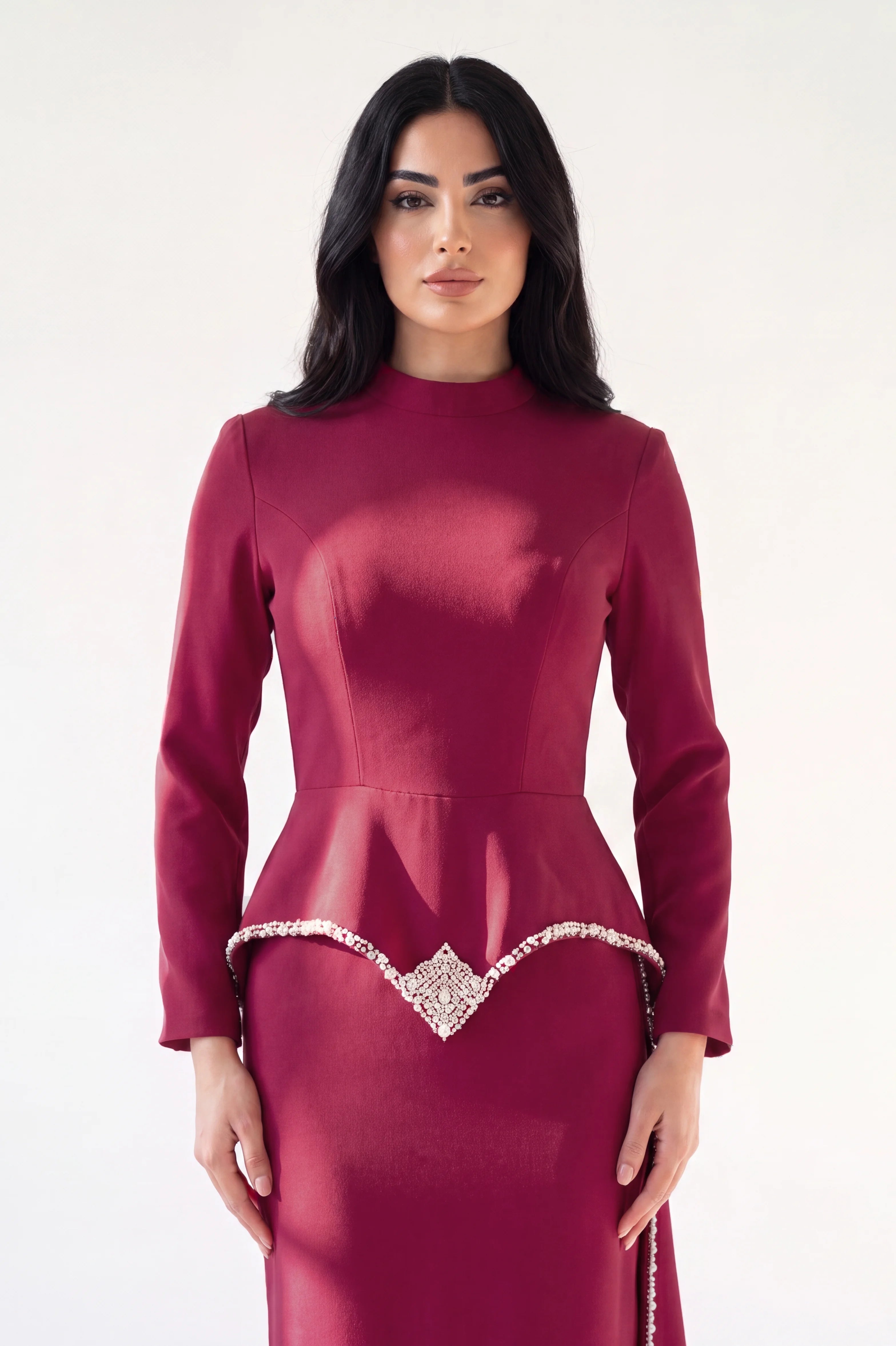 Modest embellished crystal crepe dress