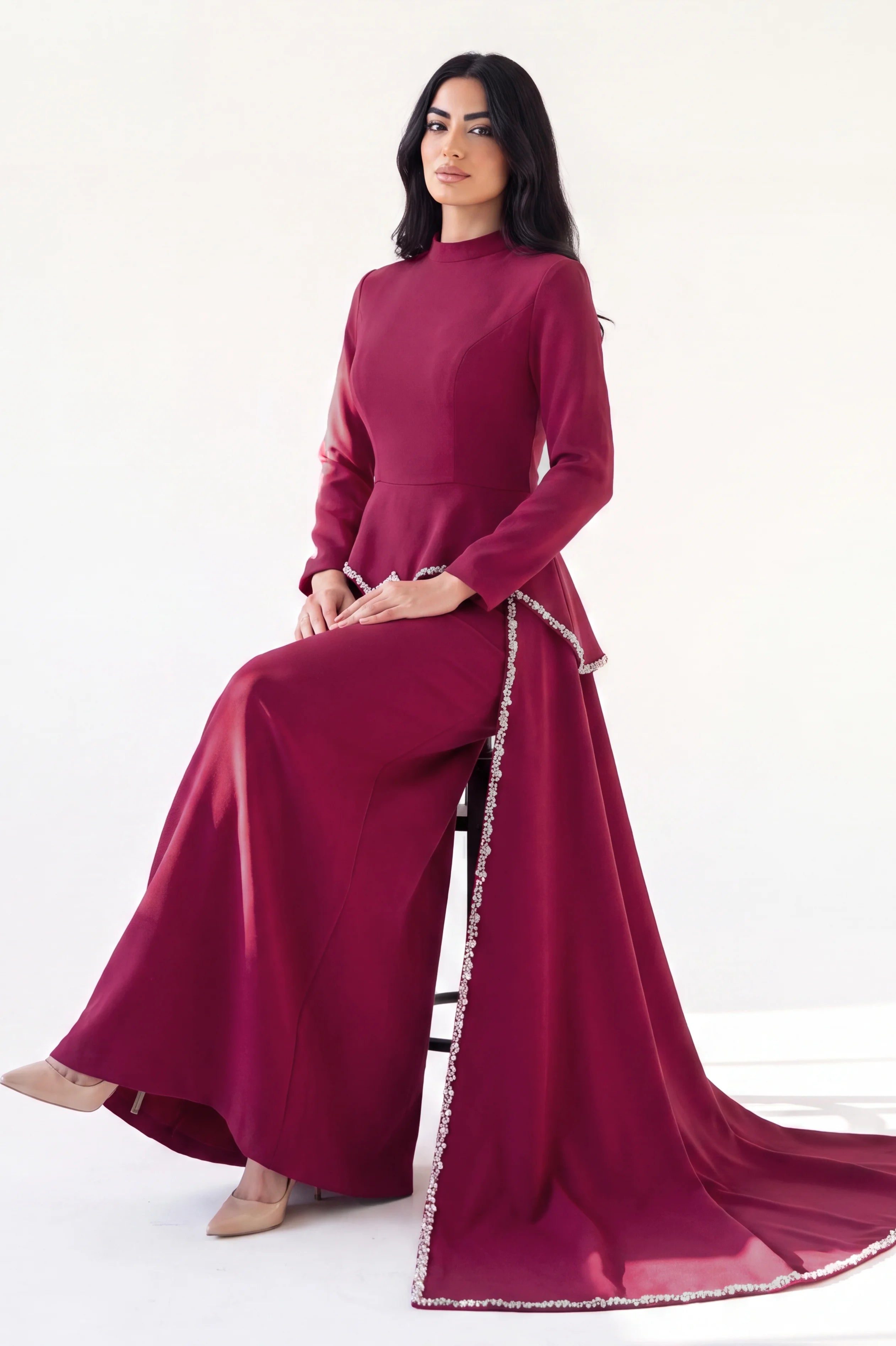 Modest embellished crystal crepe dress