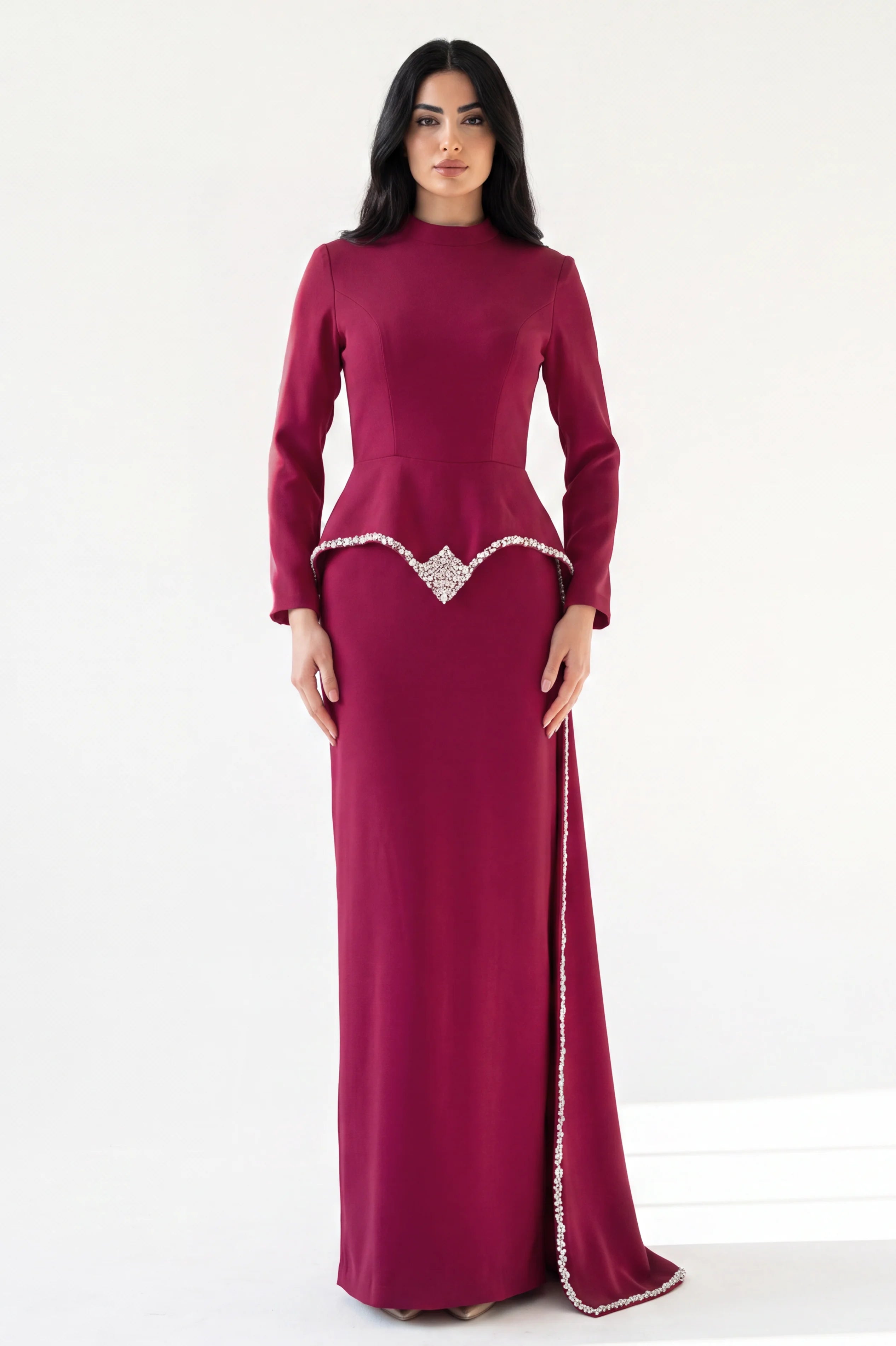 Modest embellished crystal crepe dress