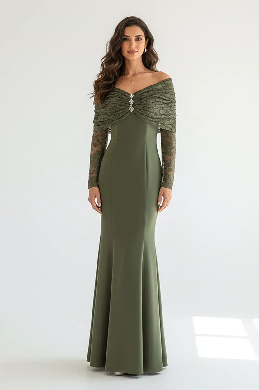 Off Shoulder Gathered Dantel Bust Crepe Dress