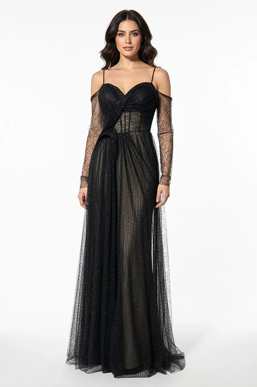 Off-Shoulder Plisse Dantil Dress