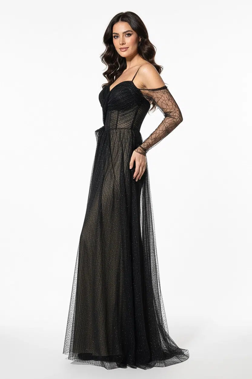 Off-Shoulder Plisse Dantil Dress