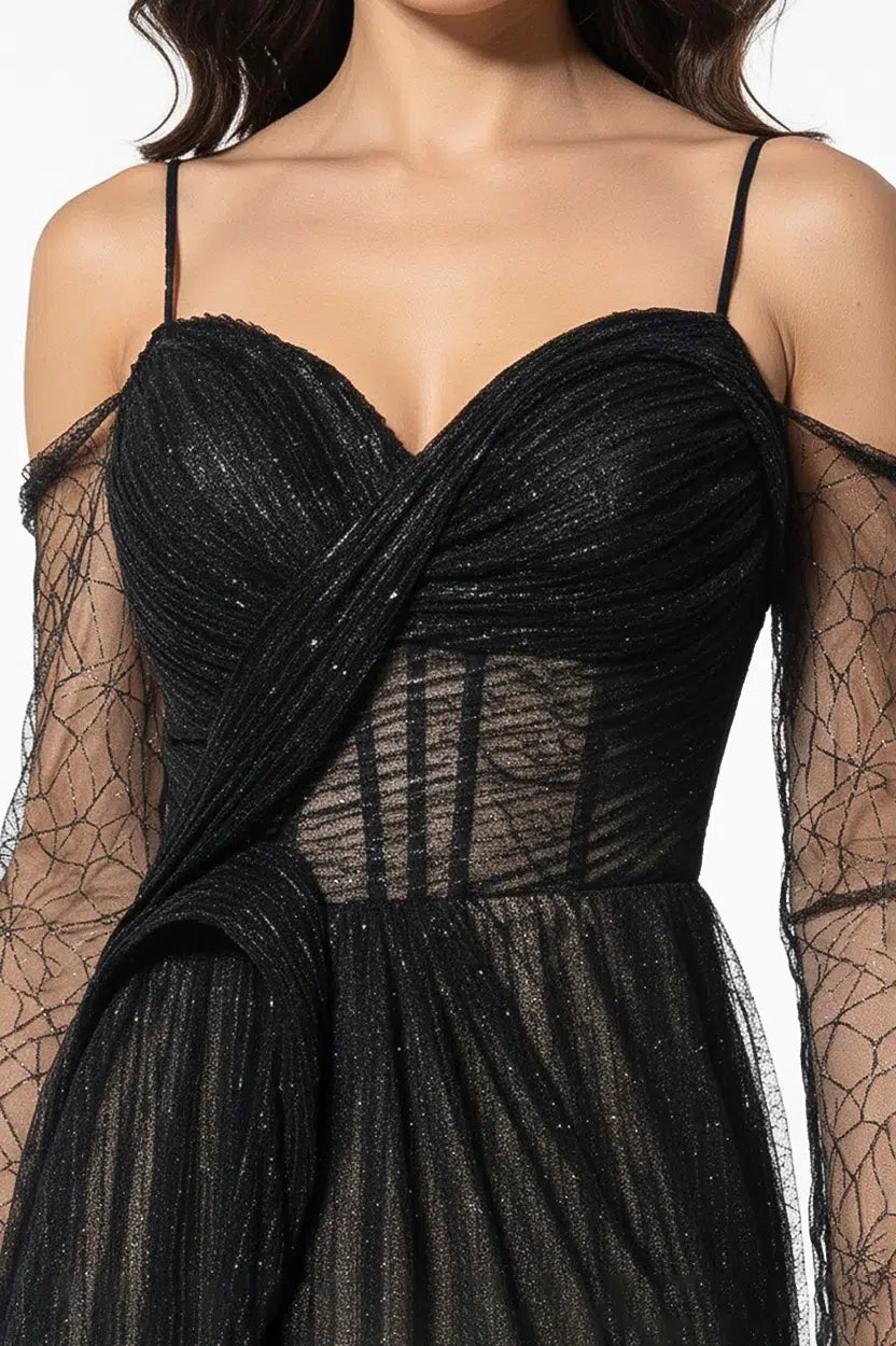 Off-Shoulder Plisse Dantil Dress