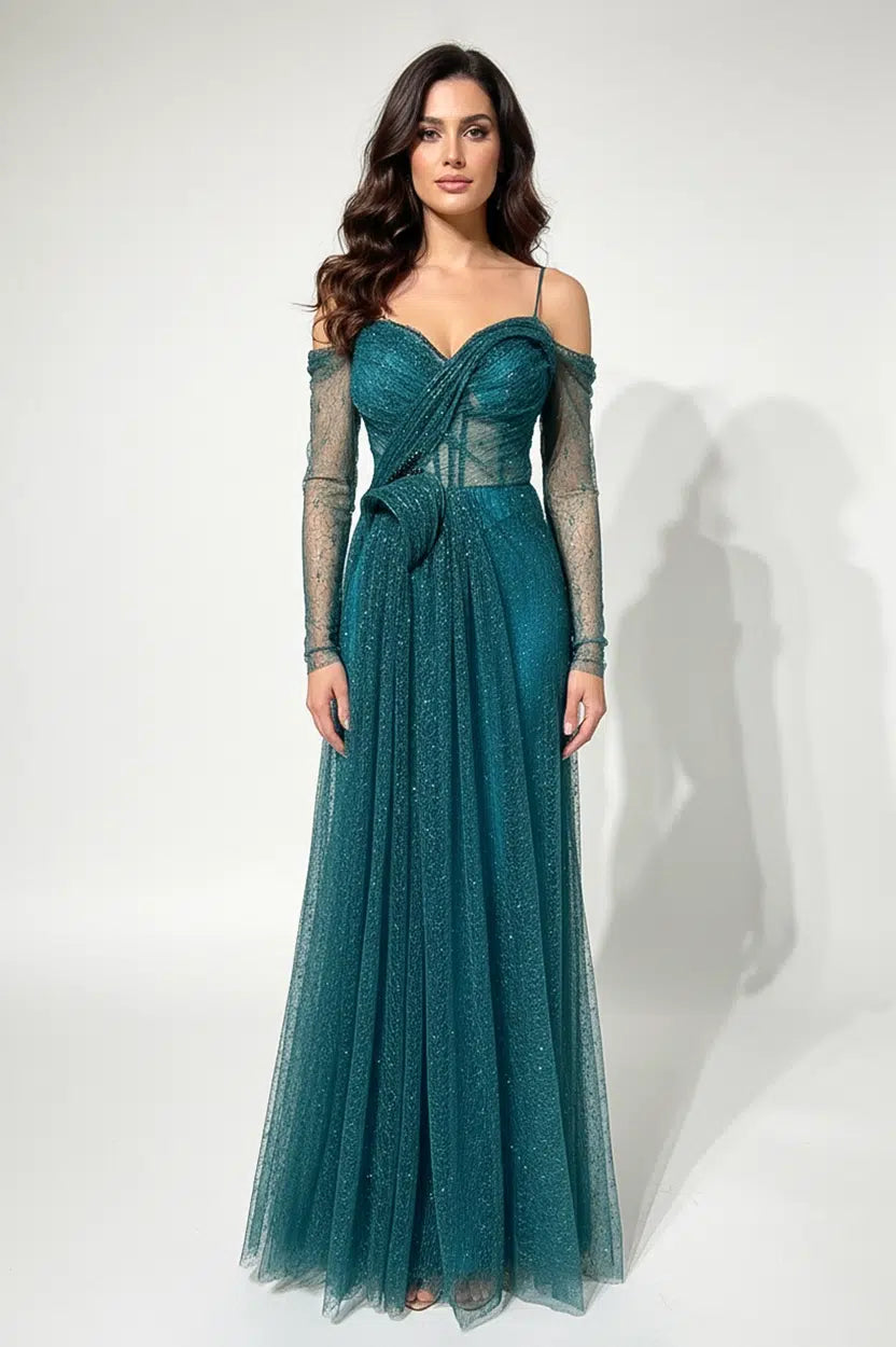 Off-Shoulder Plisse Dantil Dress