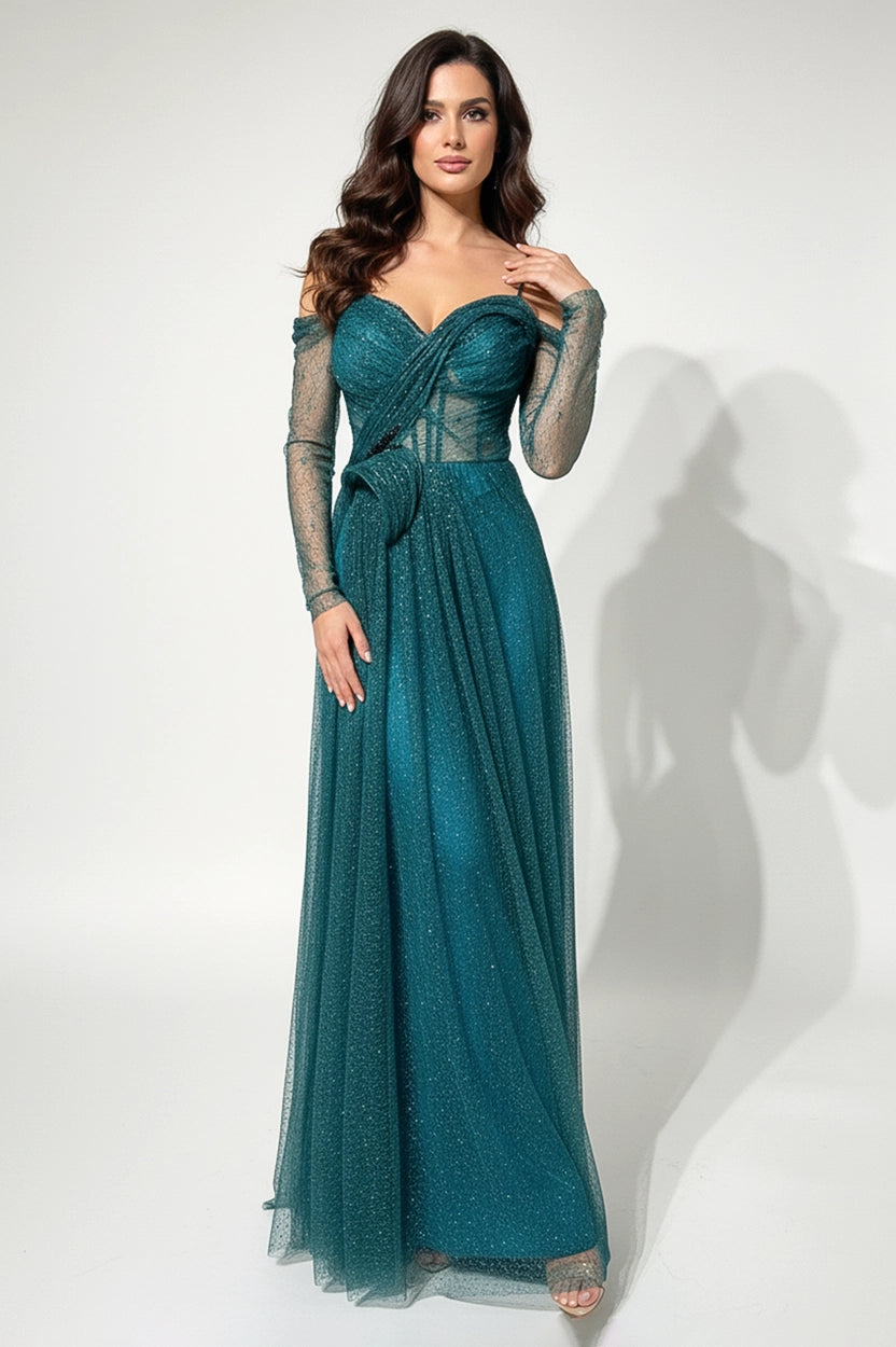 Off-Shoulder Plisse Dantil Dress