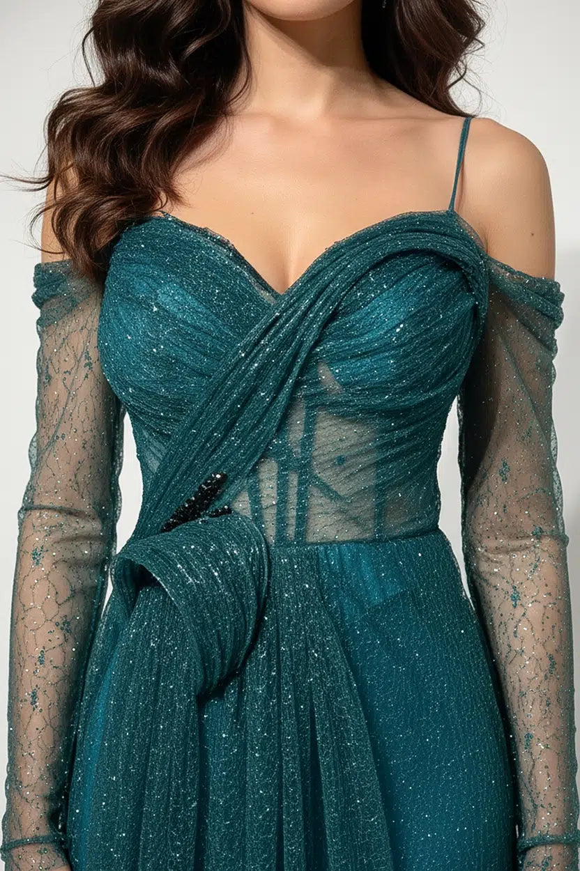Off-Shoulder Plisse Dantil Dress