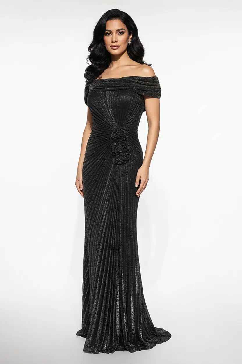 Off-Shoulder Rose Detail Lame Dress
