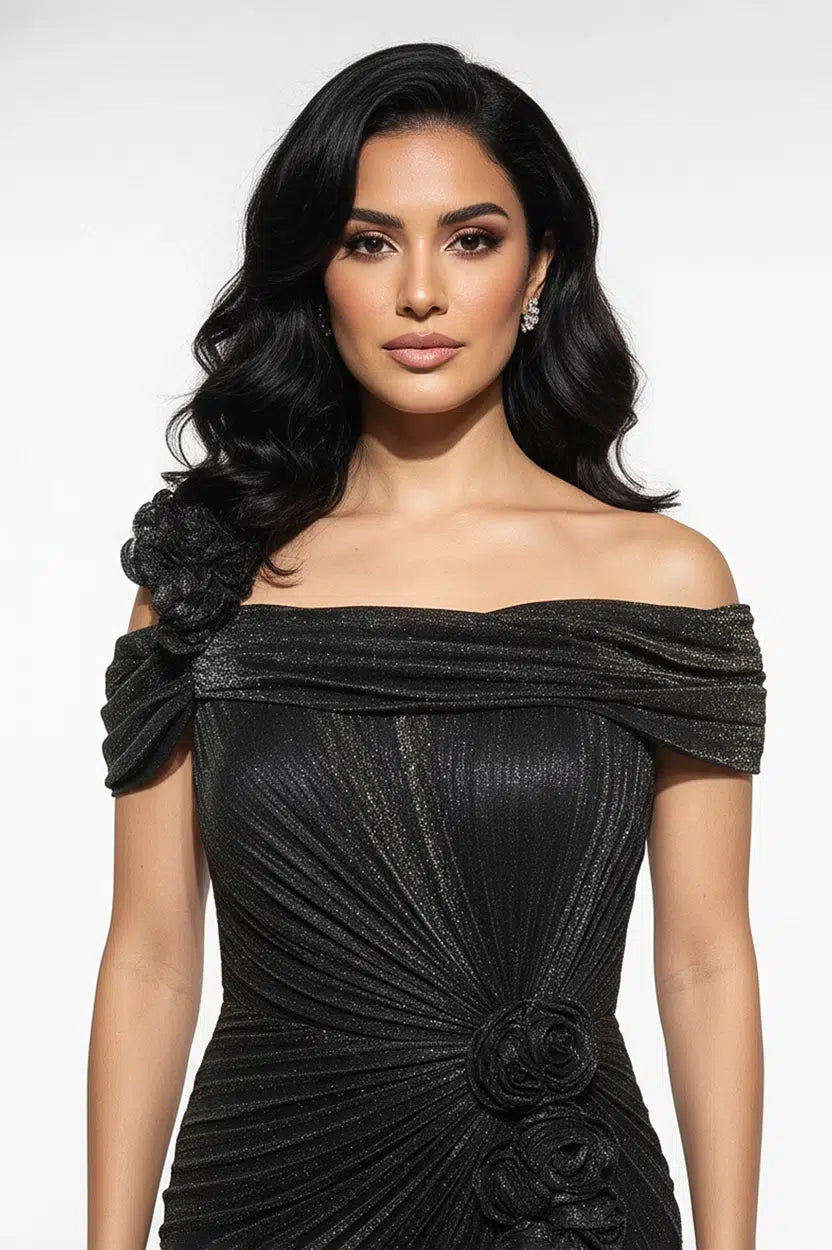 Off-Shoulder Rose Detail Lame Dress