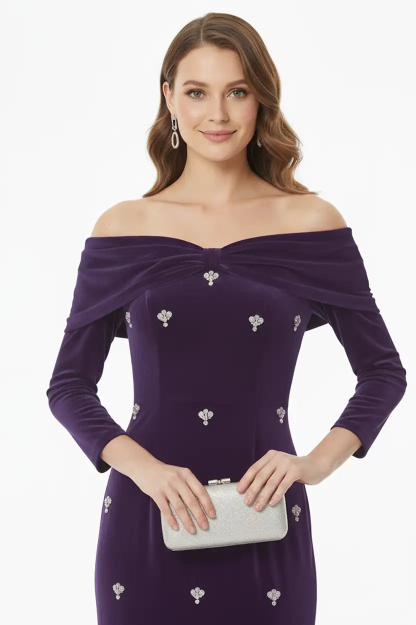 Off Shoulder Crystal Velvet Dress