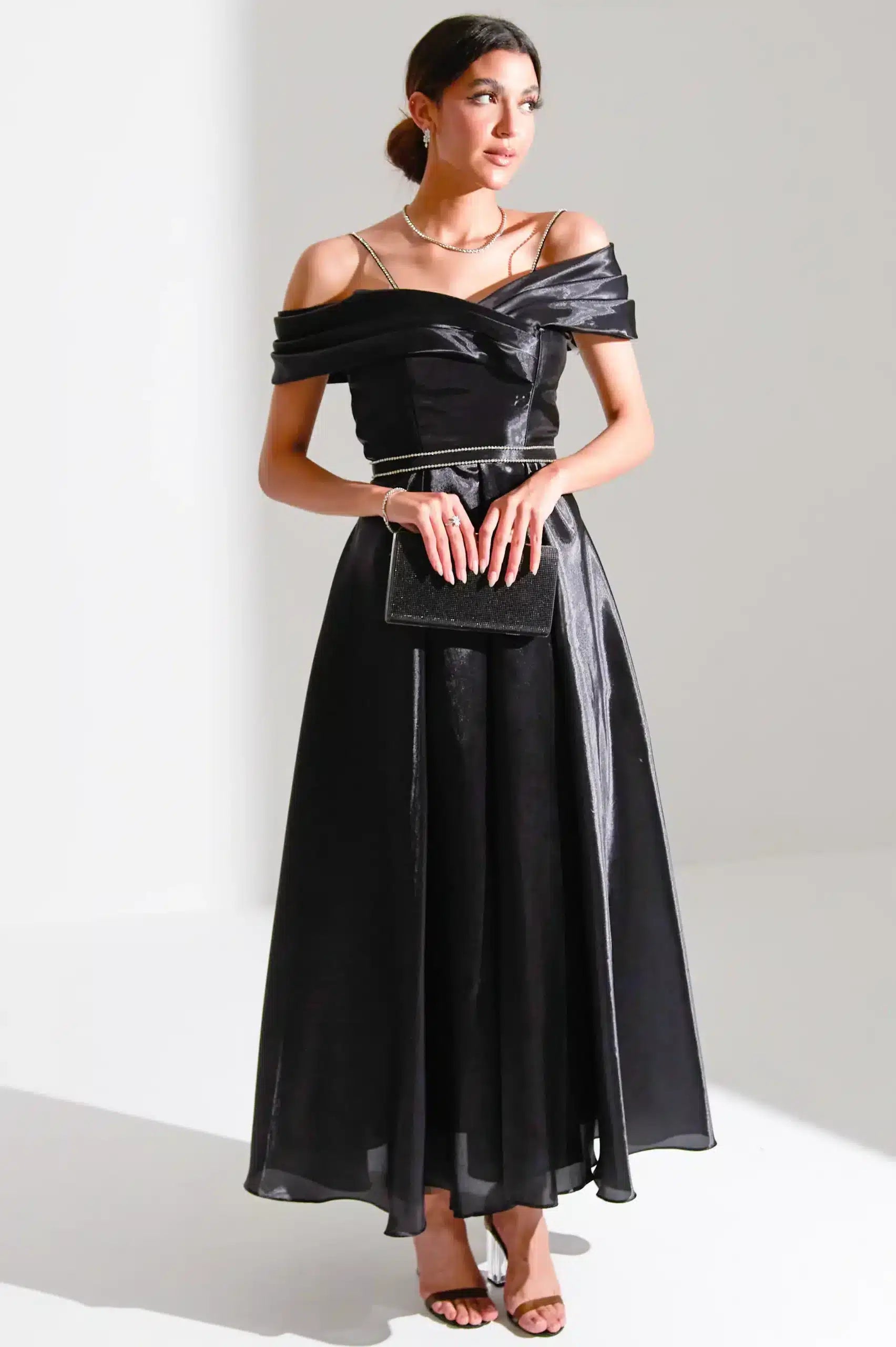 Off Shoulder Wrap Draped Organza Dress