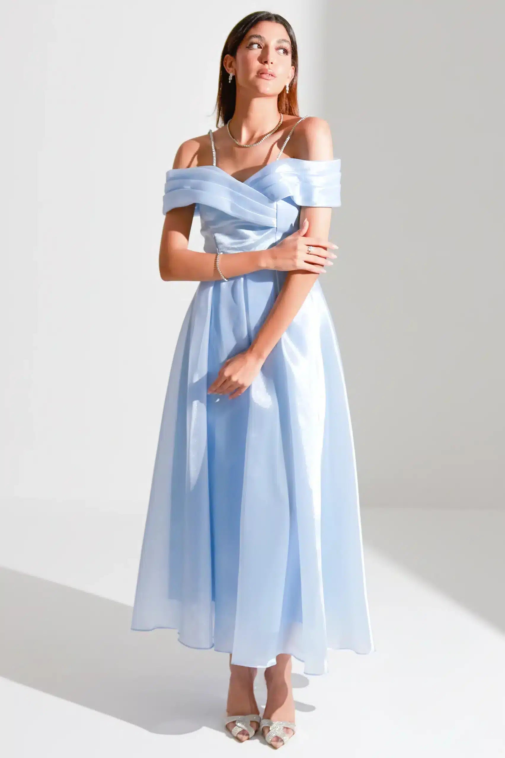 Off Shoulder Wrap Draped Organza Dress