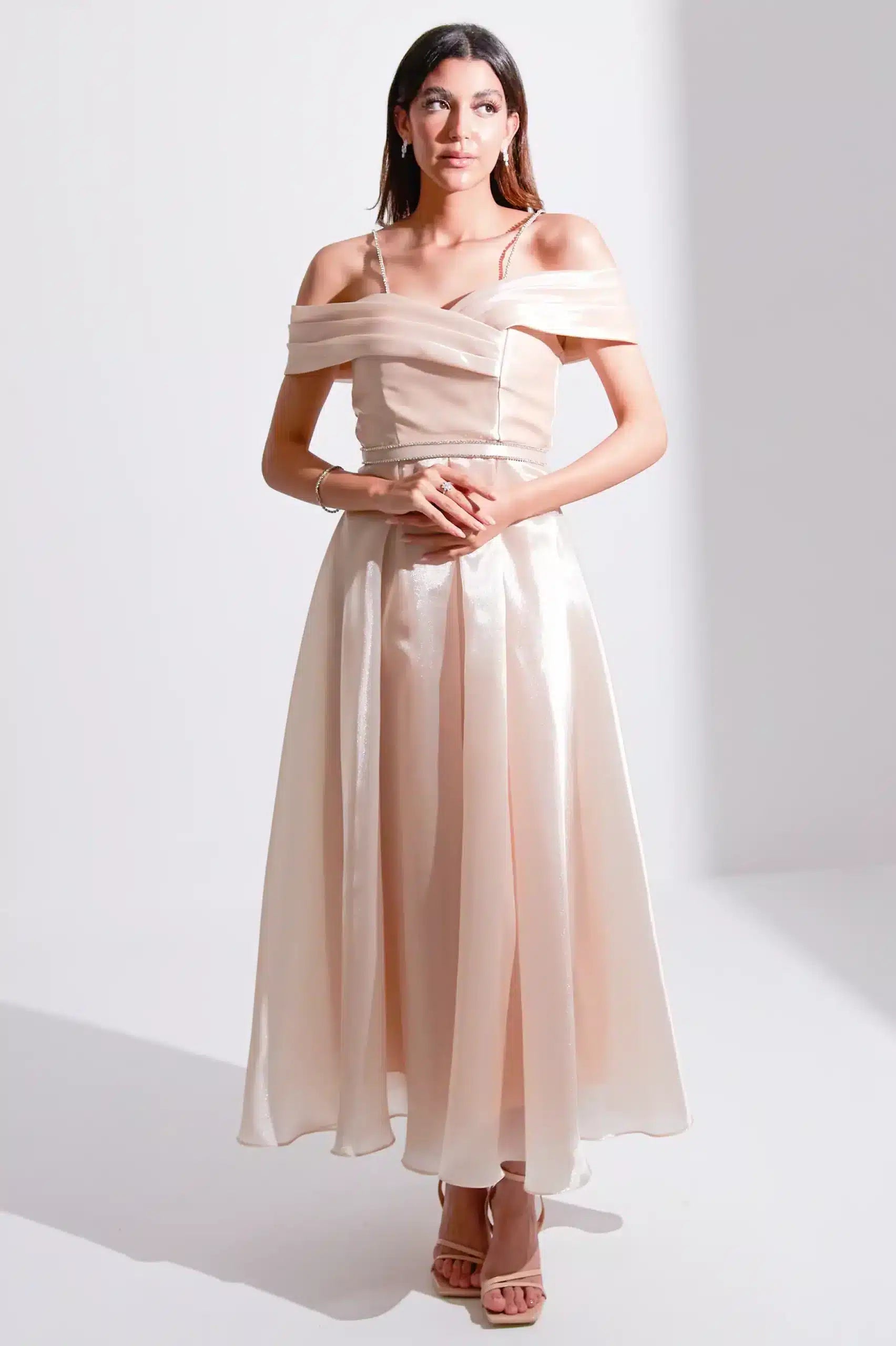 Off Shoulder Wrap Draped Organza Dress