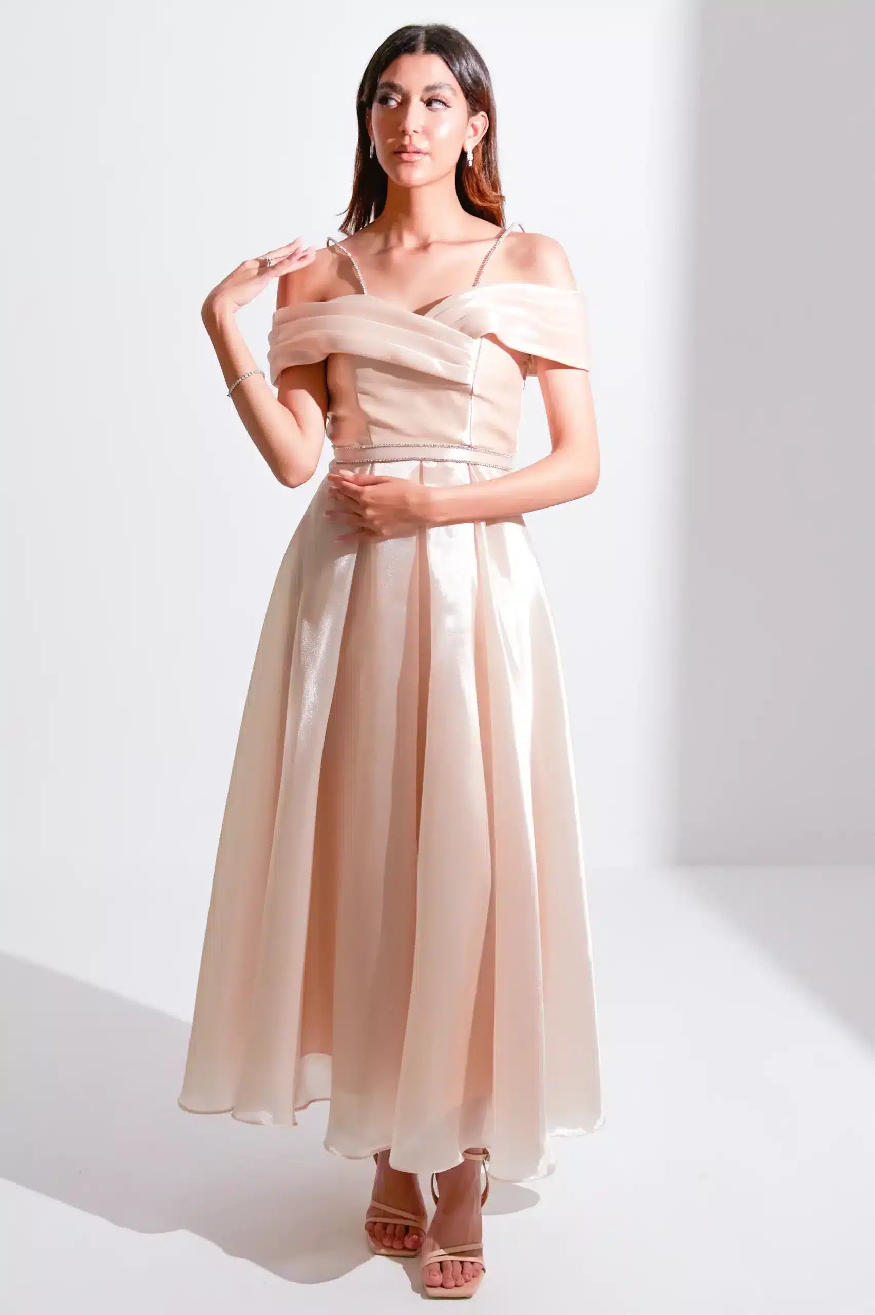 Off Shoulder Wrap Draped Organza Dress