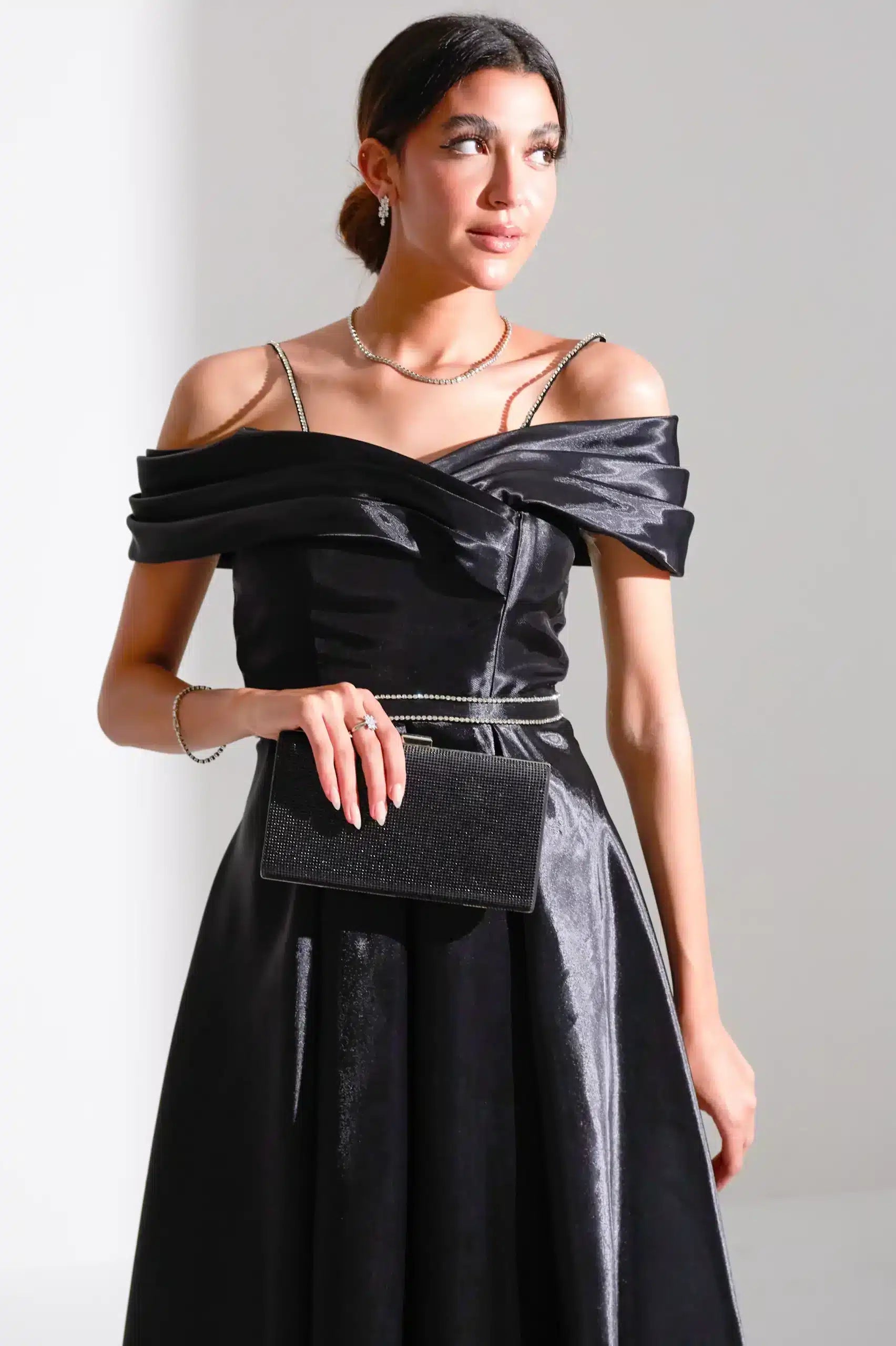 Off Shoulder Wrap Draped Organza Dress