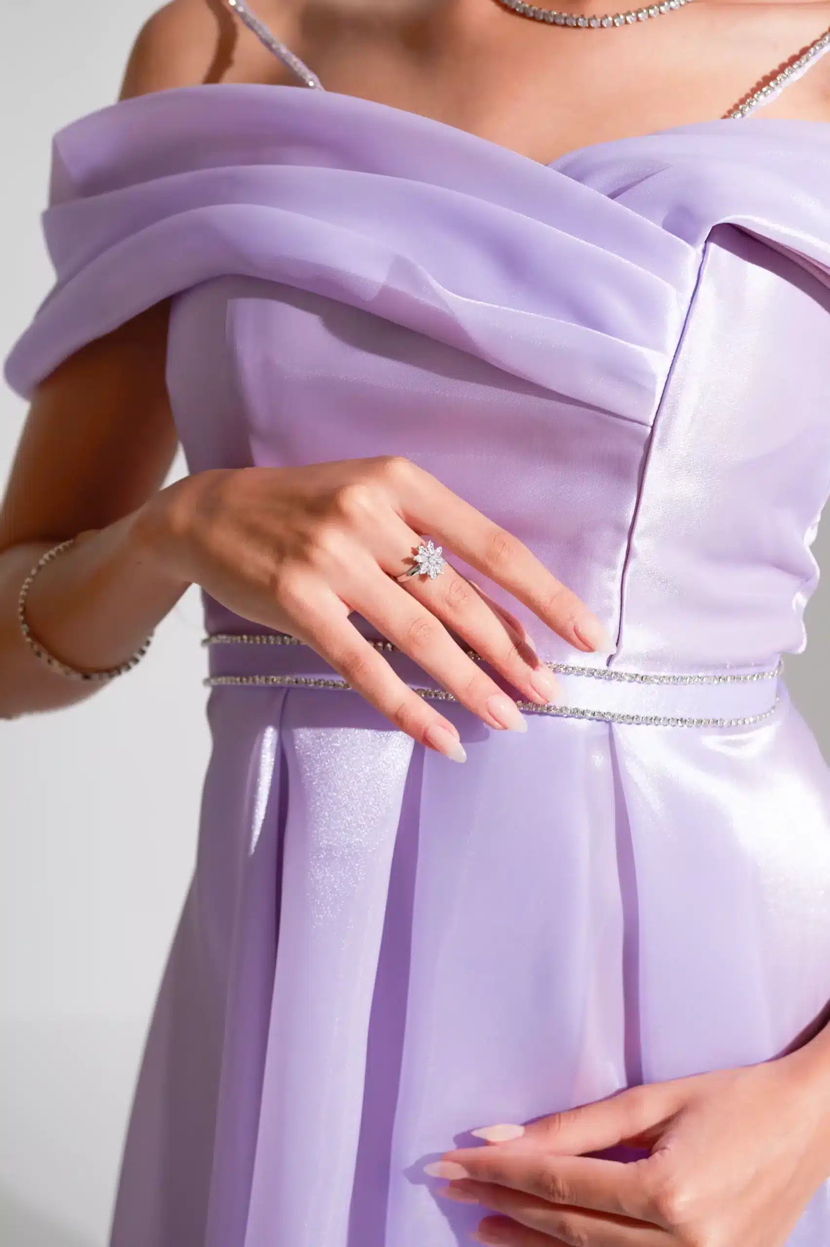 Off Shoulder Wrap Draped Organza Dress