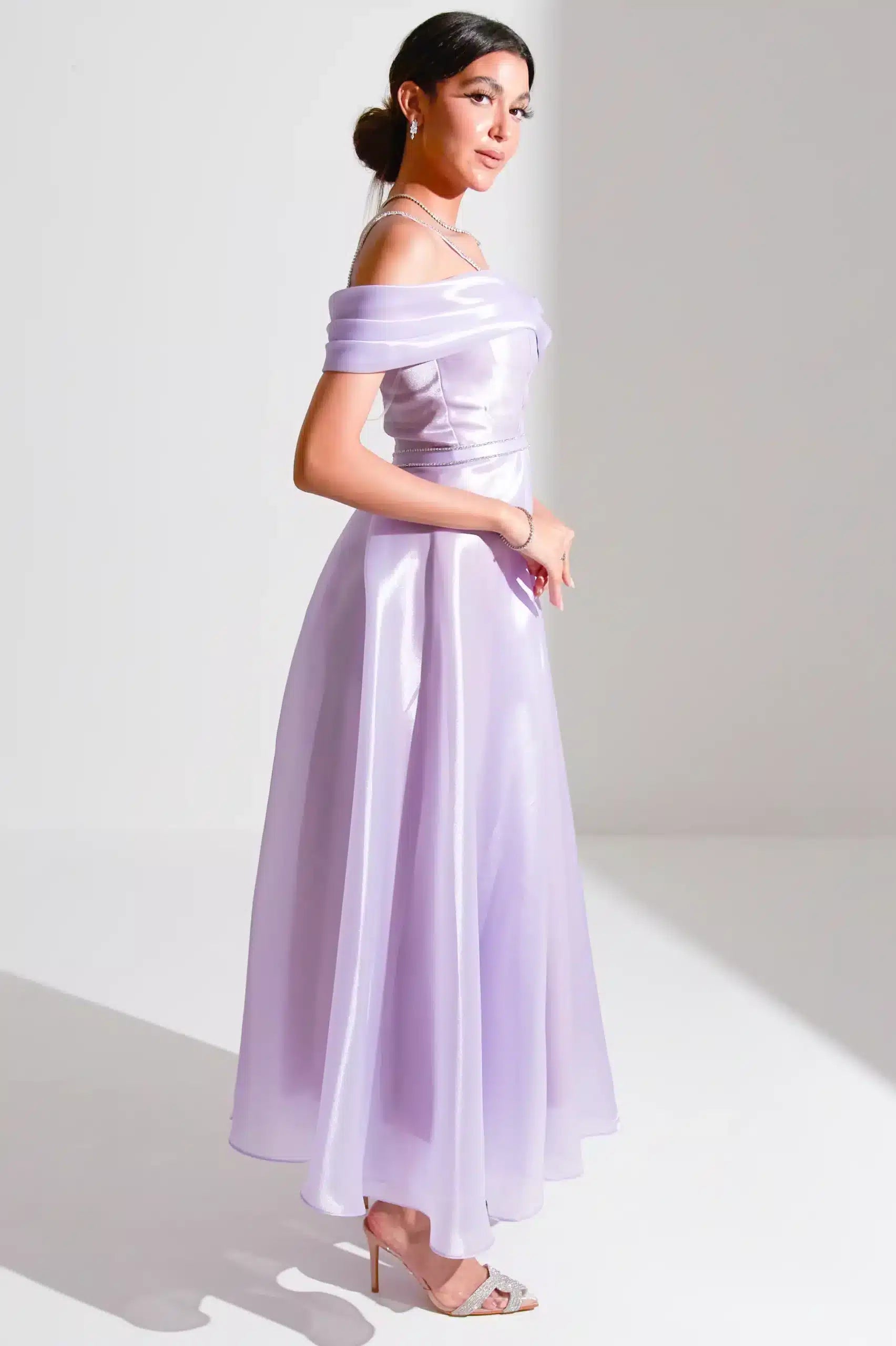 Off Shoulder Wrap Draped Organza Dress