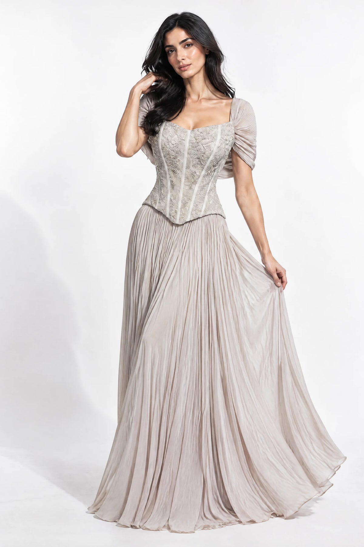 Off Shoulder Corset Plisse Chiffon Skirt Set