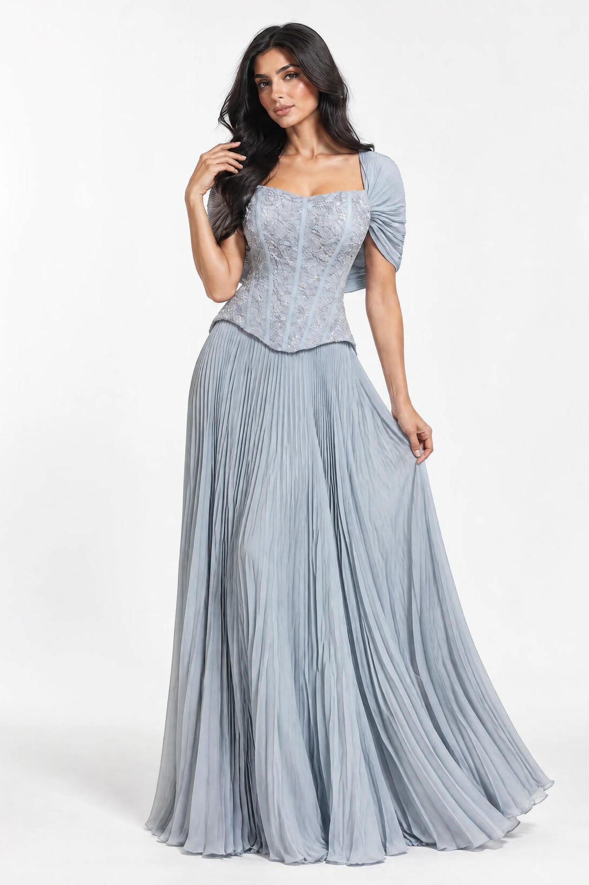 Off Shoulder Corset Plisse Chiffon Skirt Set