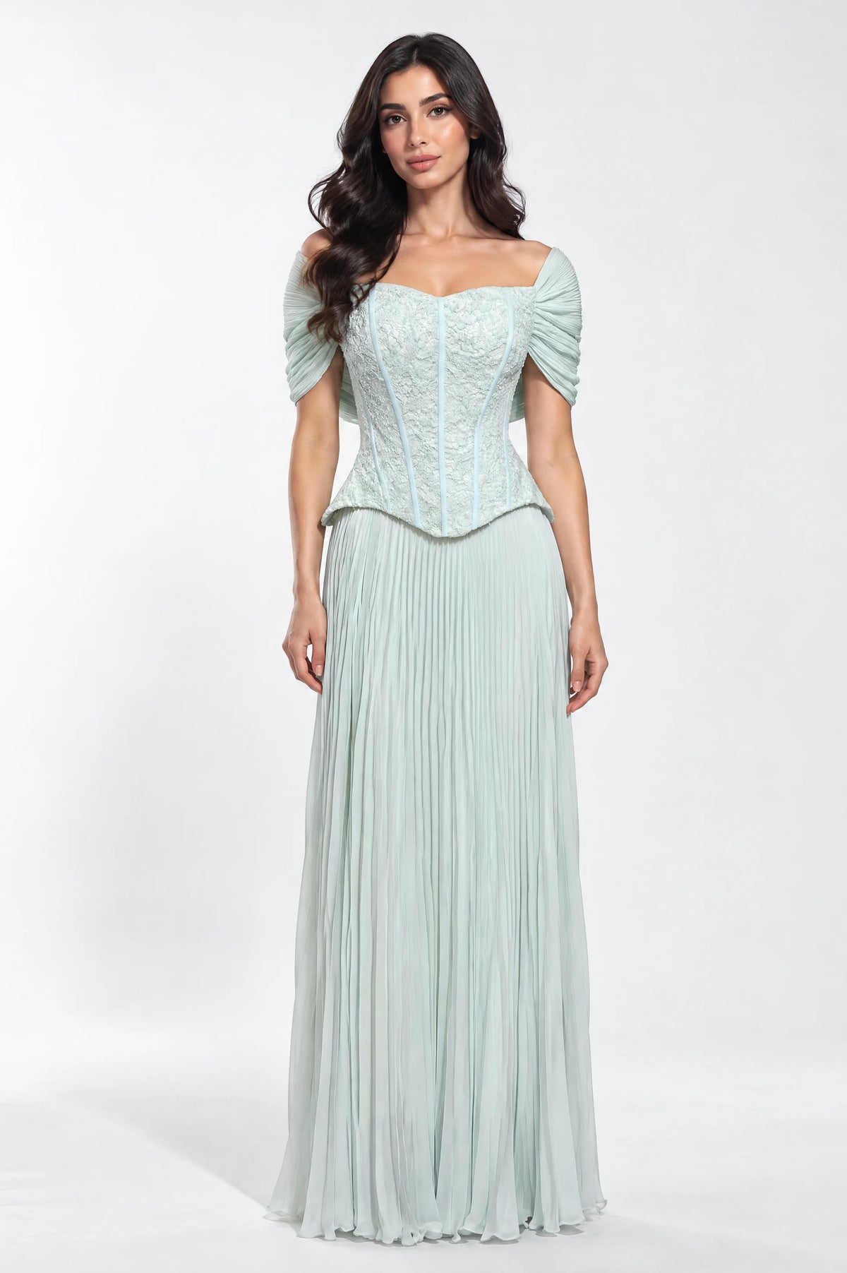 Off Shoulder Corset Plisse Chiffon Skirt Set