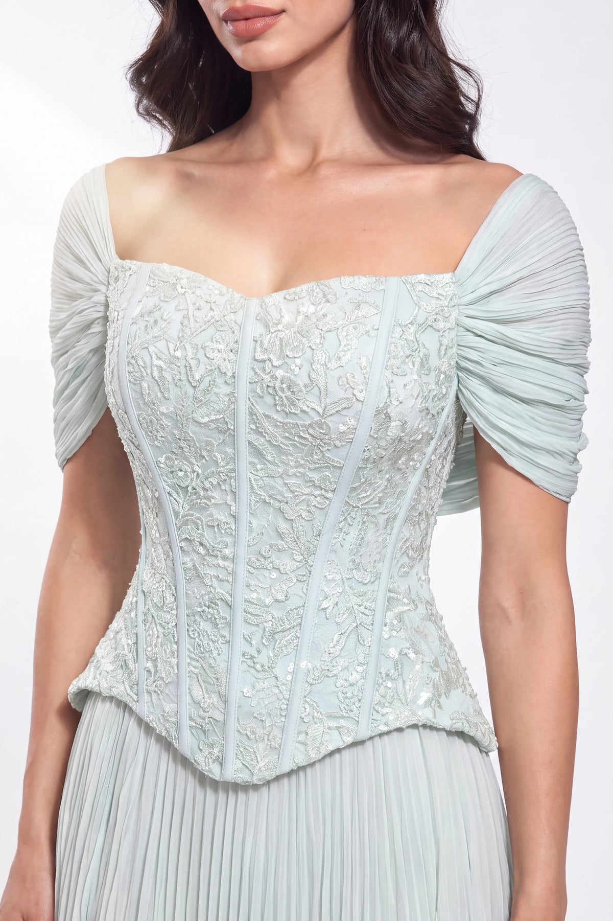 Off Shoulder Corset Plisse Chiffon Skirt Set