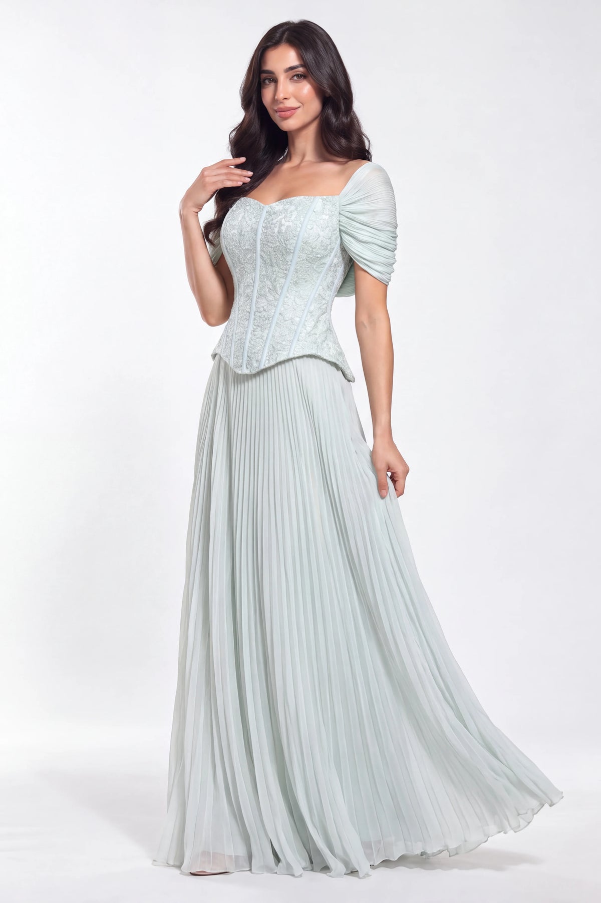 Off Shoulder Corset Plisse Chiffon Skirt Set