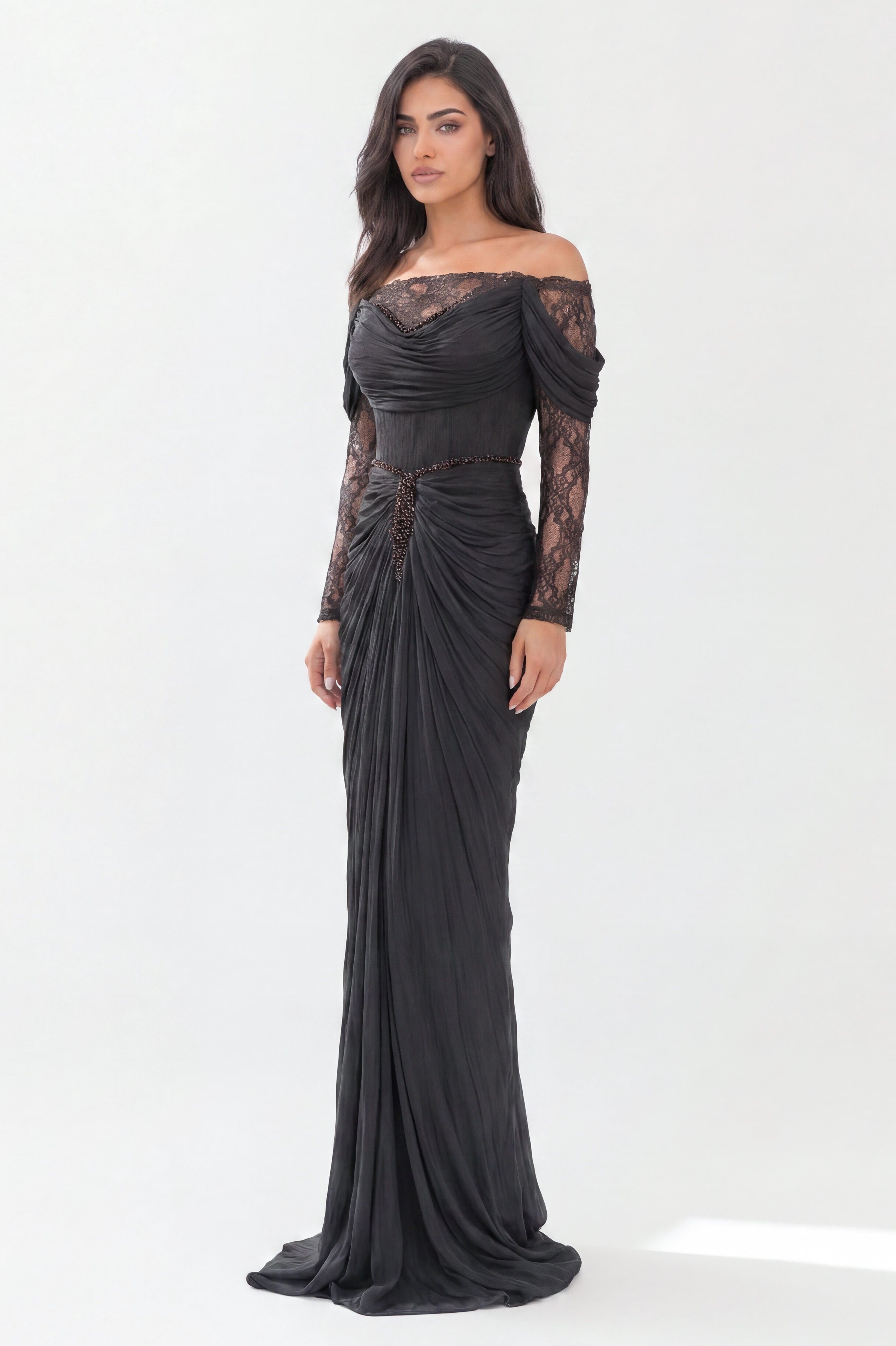 Off Shoulder Gathered Waistline Organza Dress