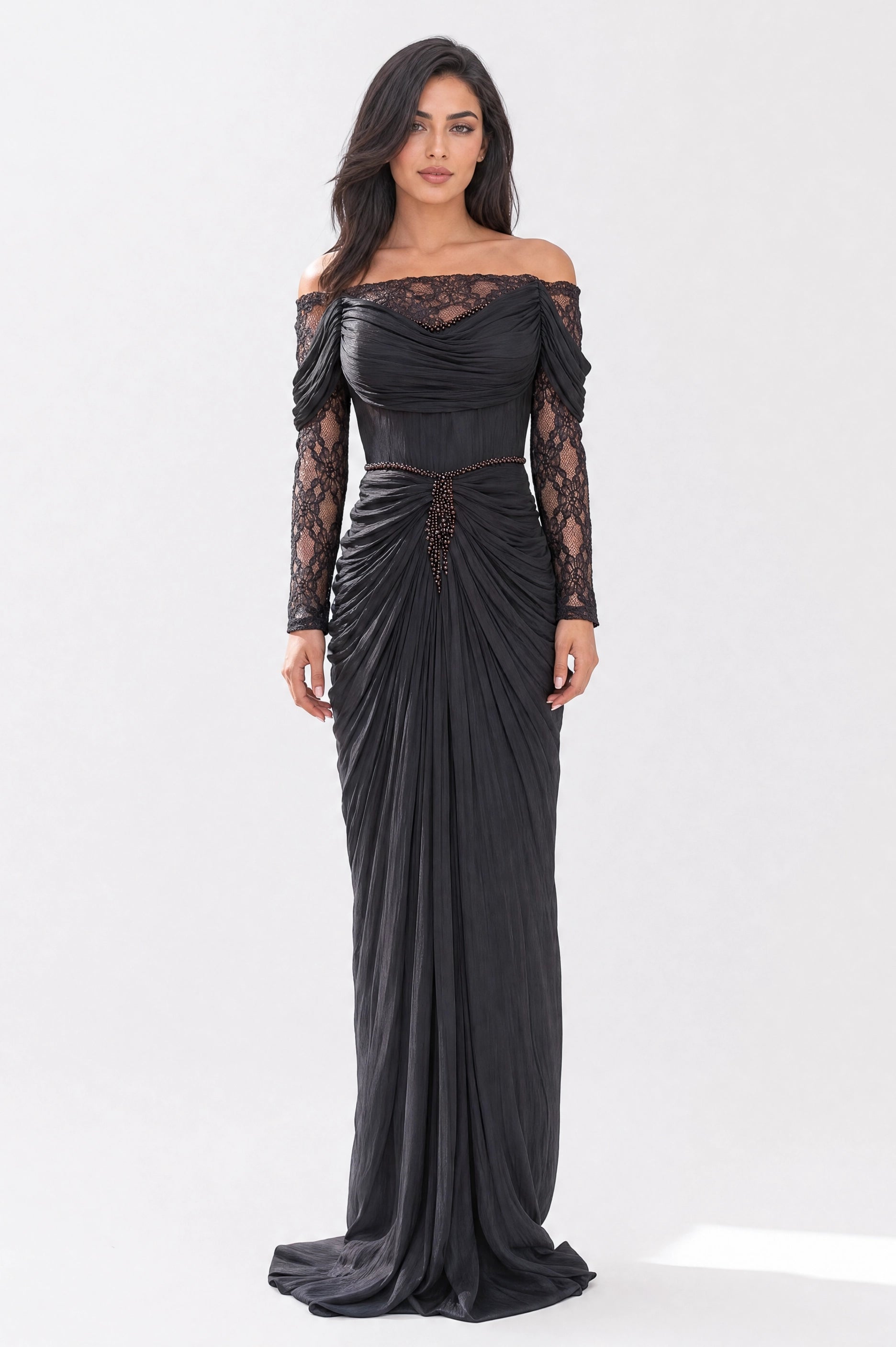 Off Shoulder Gathered Waistline Organza Dress