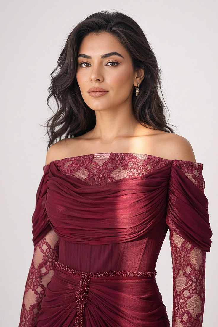 Off Shoulder Gathered Waistline Organza Dress