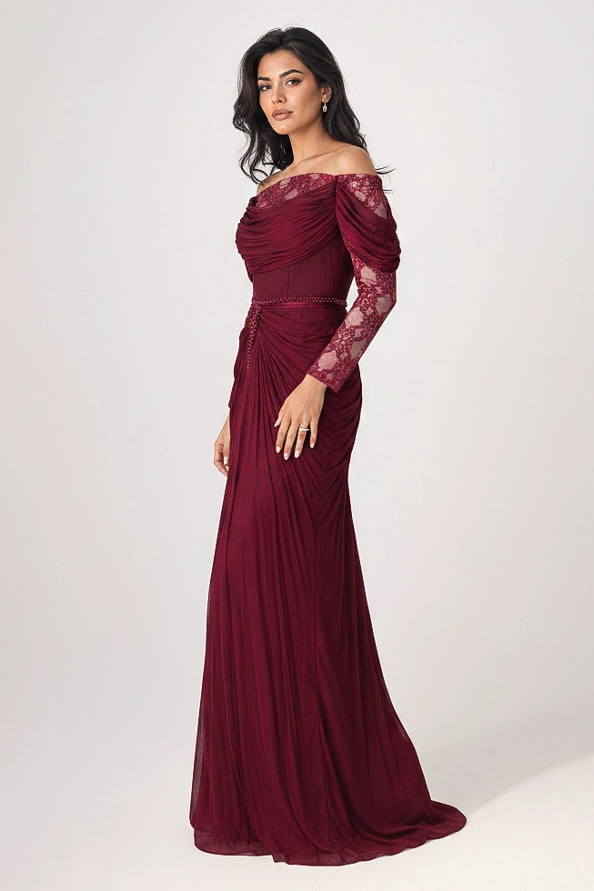 Off Shoulder Gathered Waistline Organza Dress