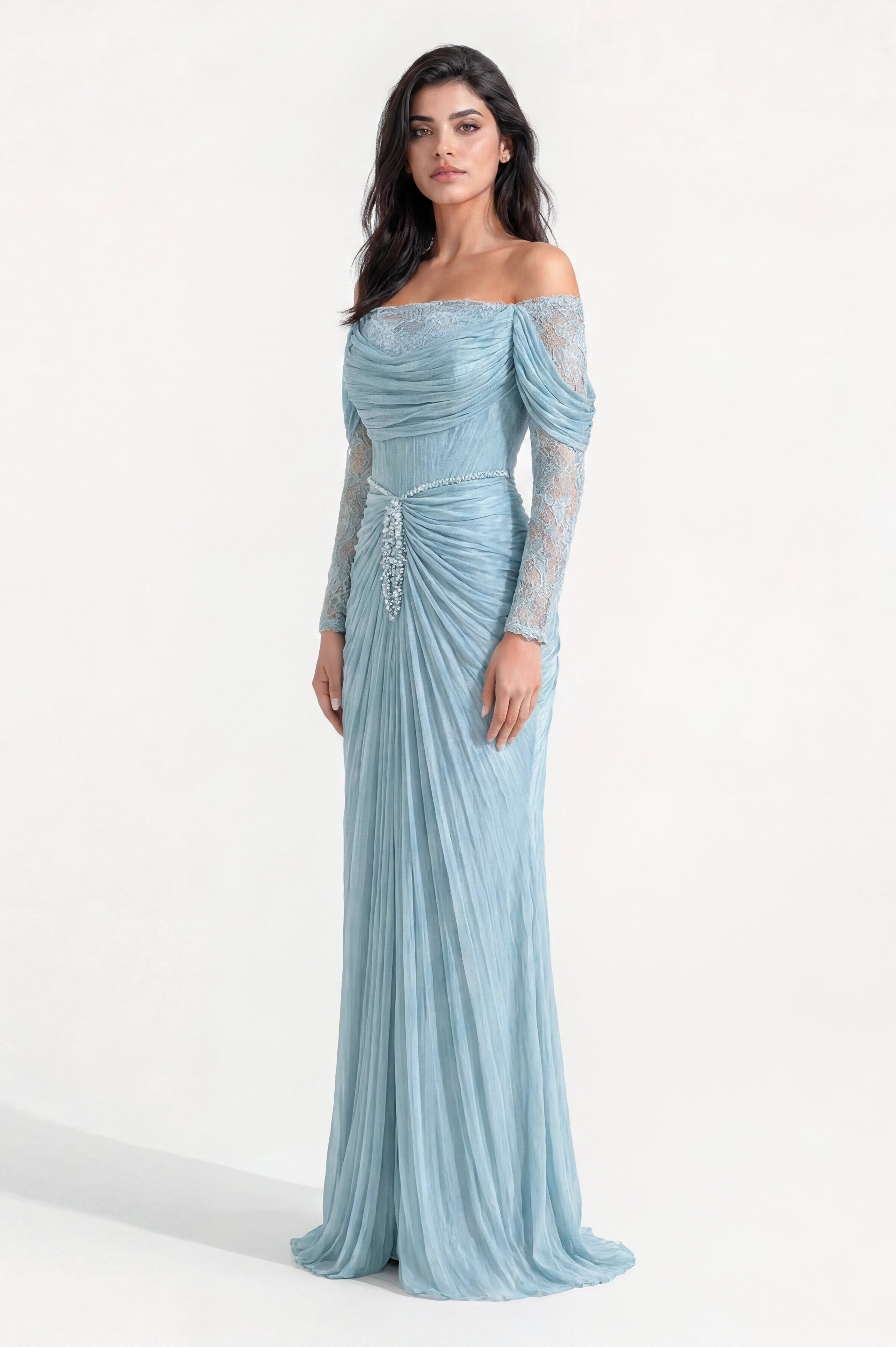 Off Shoulder Gathered Waistline Organza Dress