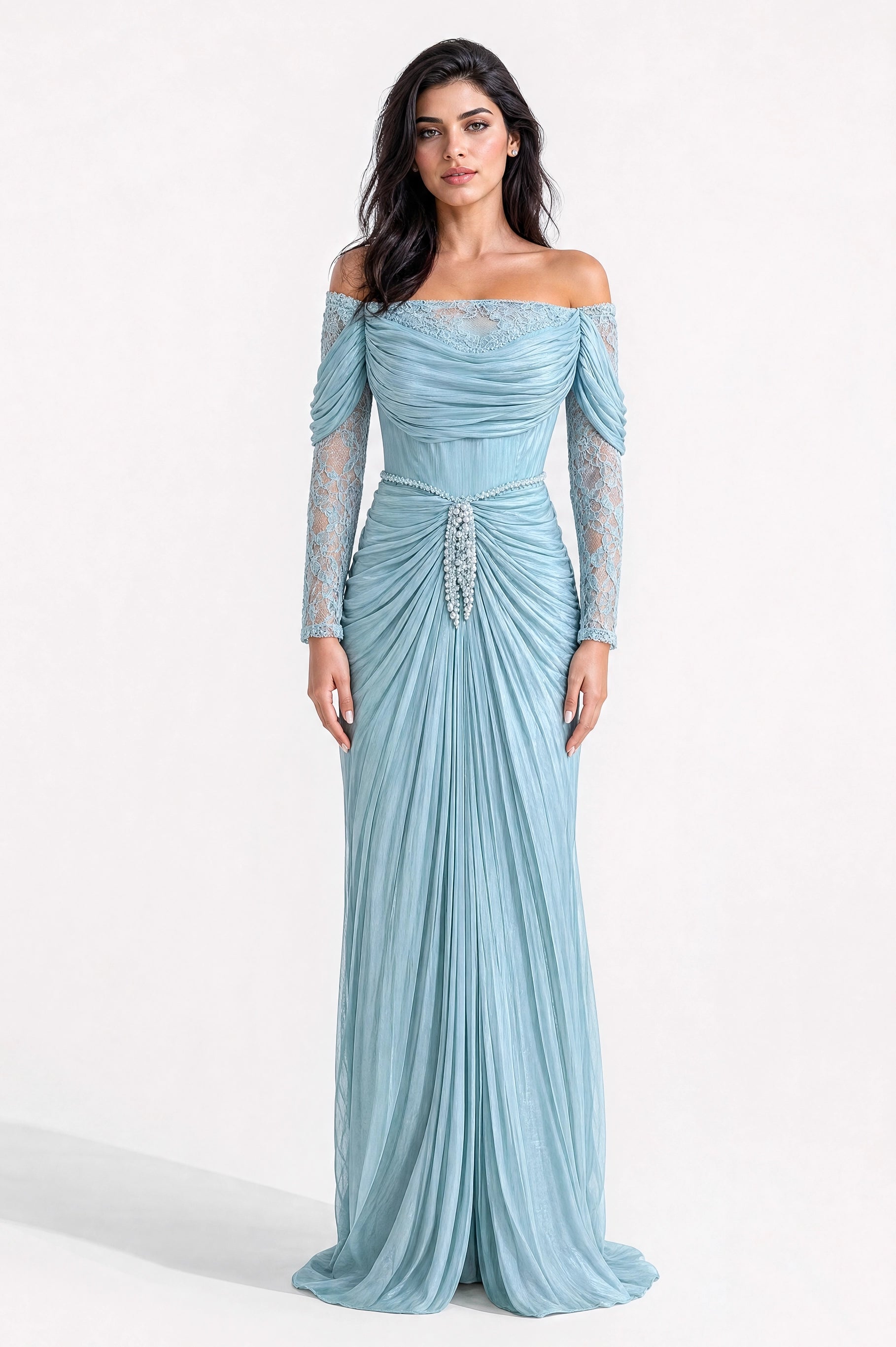 Off Shoulder Gathered Waistline Organza Dress