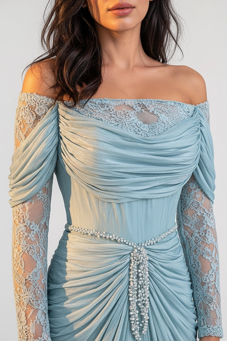Off Shoulder Gathered Waistline Organza Dress