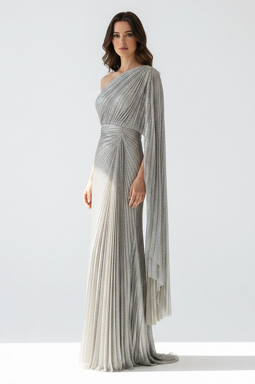 One Shoulder Plisse Lame Dress