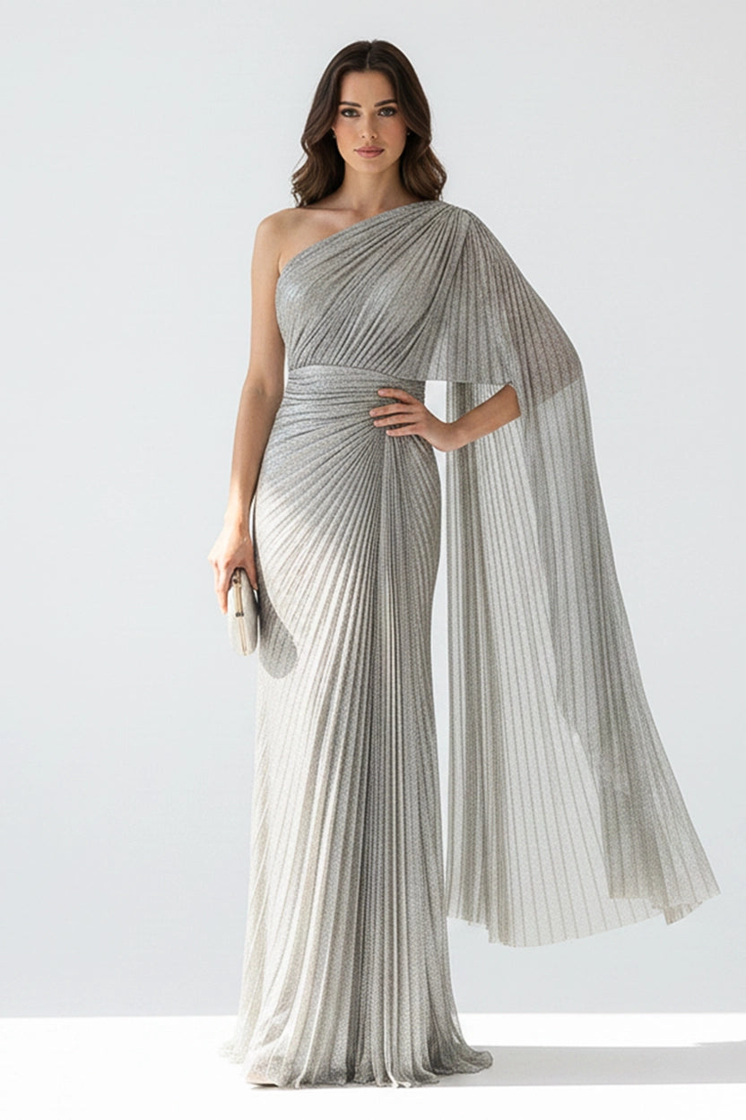One Shoulder Plisse Lame Dress