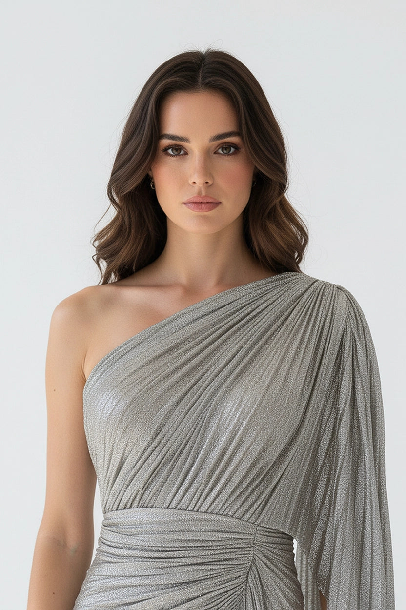 One Shoulder Plisse Lame Dress