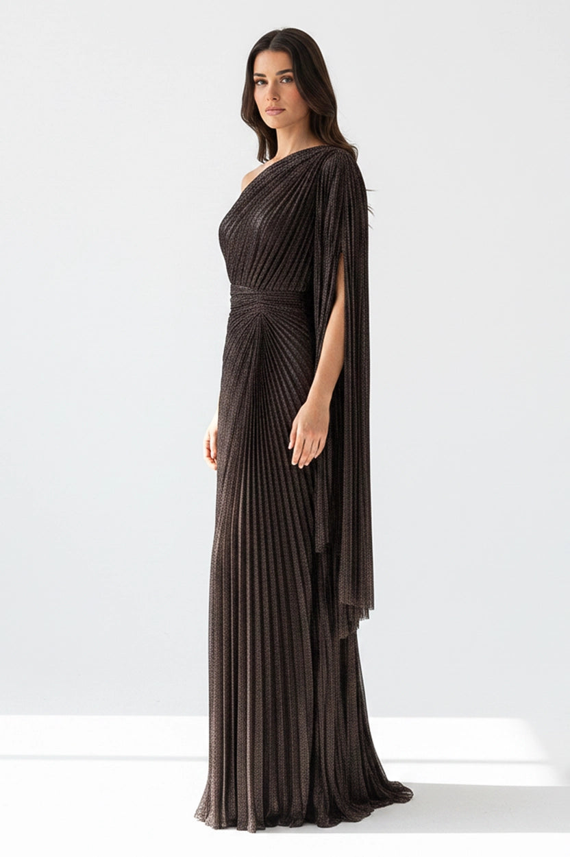 One Shoulder Plisse Lame Dress